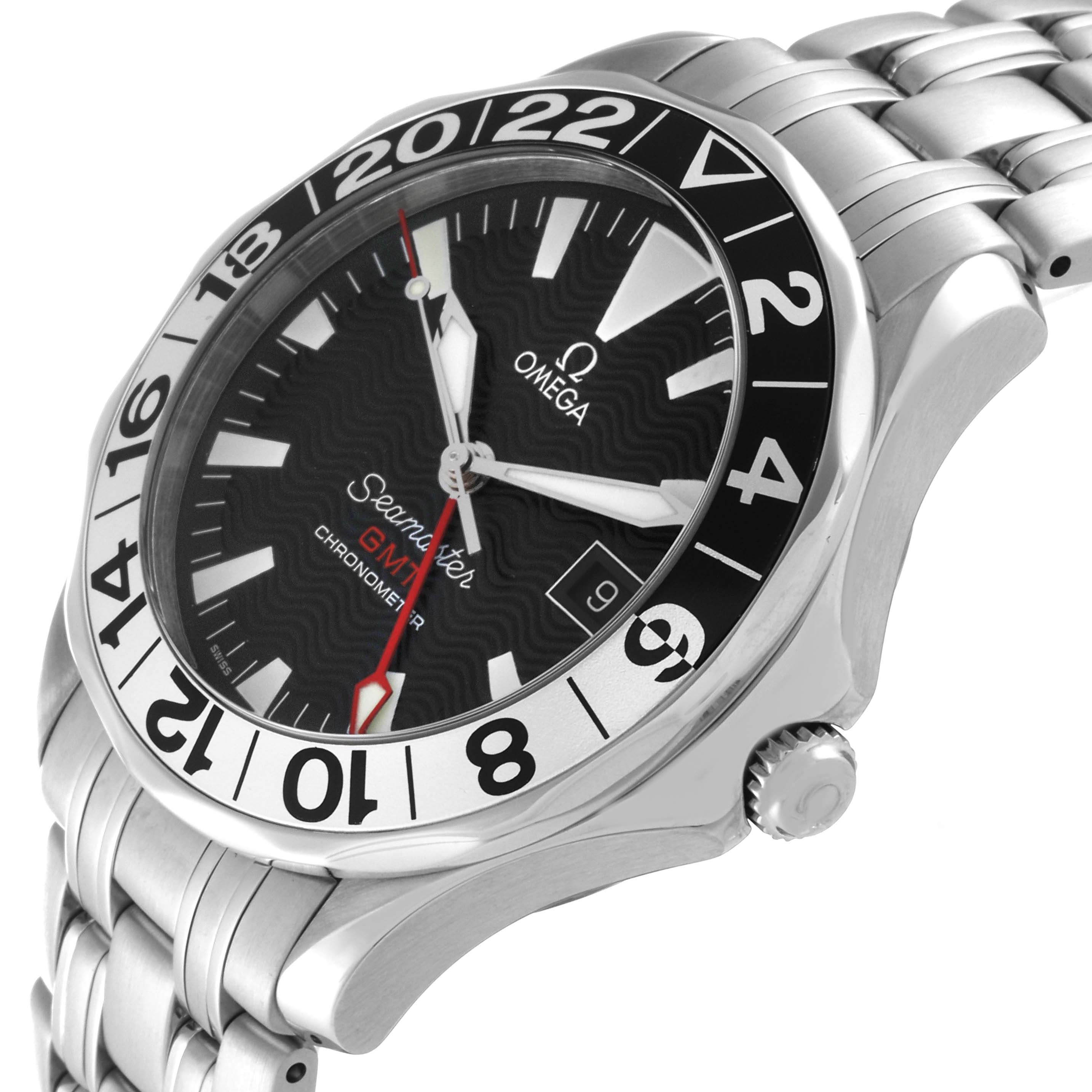 The image shows an angled view of an Omega Seamaster 2534.50.00 Men
s Stainless Steel Black Dial 2534.50.00 Men
s Stainless Steel Black Dial watch, highlighting its face, bezel, crown, and part of the metal bracelet.