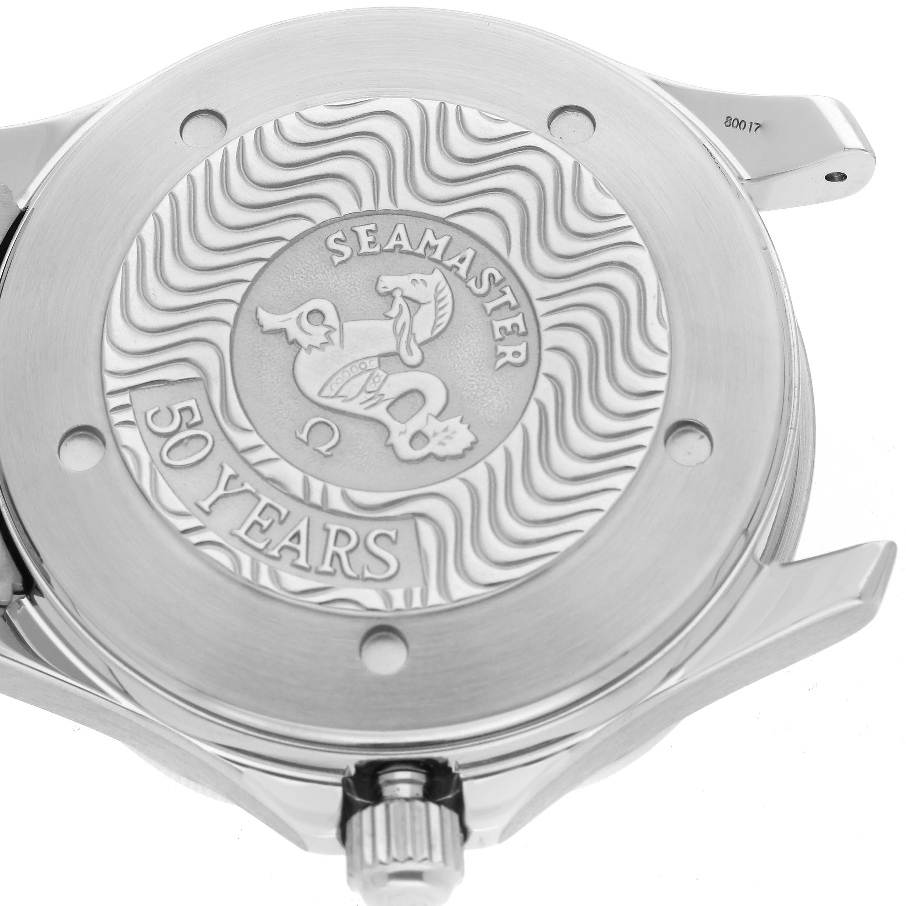 The image shows the case back of the Omega Seamaster 2534.50.00 Men
s Stainless Steel Black Dial 2534.50.00 Men
s Stainless Steel Black Dial watch, featuring an engraved "50 Years" design.