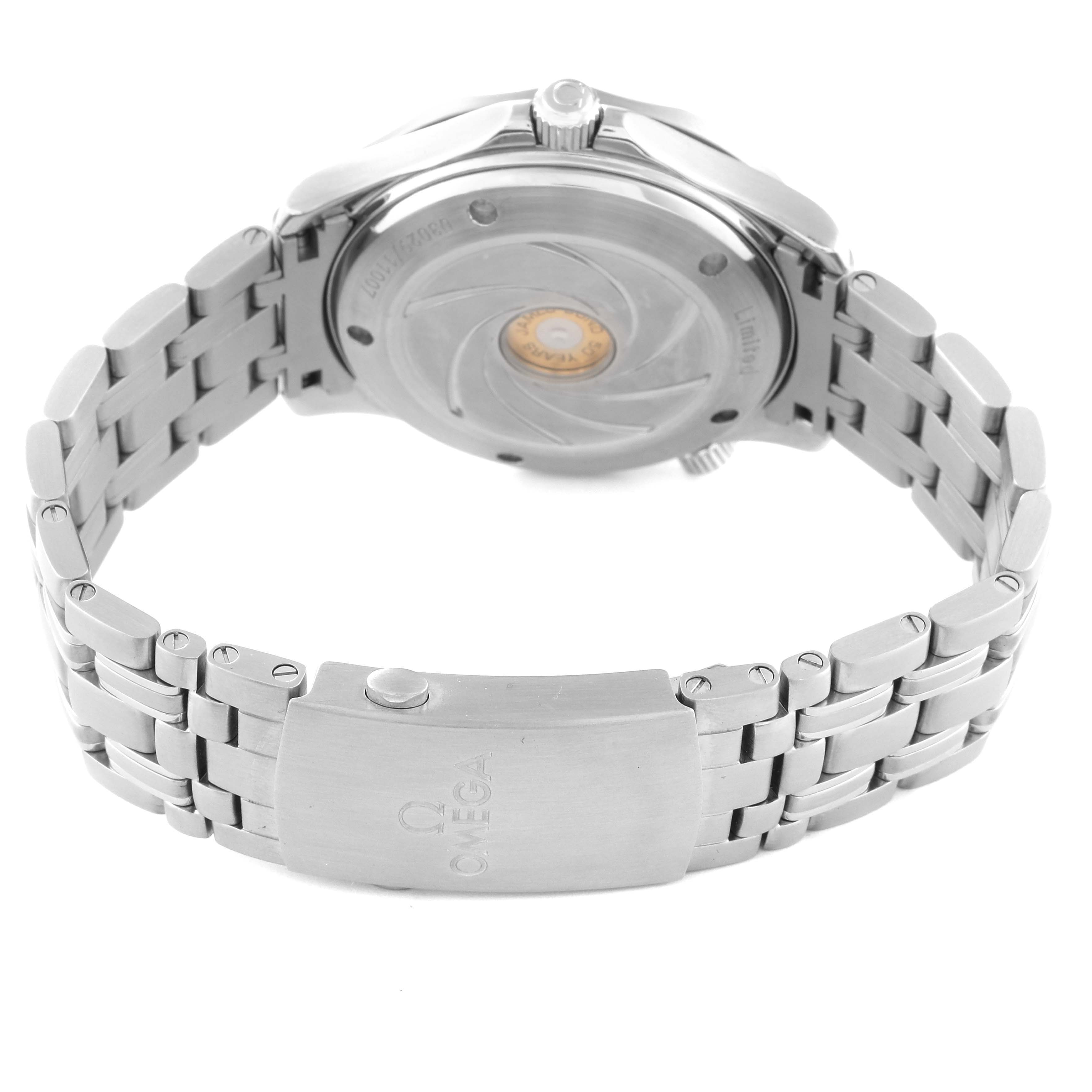 The image shows the back view of an Omega Seamaster 212.30.41.20.01.005 Men
s Stainless Steel Black Dial 212.30.41.20.01.005 Men
s Stainless Steel Black Dial watch, highlighting the case back, bracelet, and clasp.