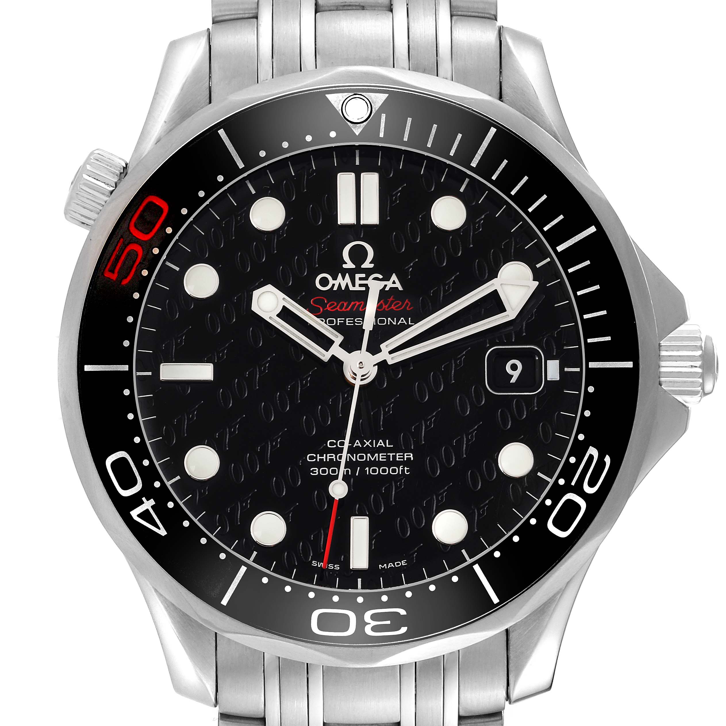 The image shows a frontal view of the Omega Seamaster 212.30.41.20.01.005 Men
s Stainless Steel Black Dial 212.30.41.20.01.005 Men
s Stainless Steel Black Dial watch including its dial, bezel, and part of its stainless steel bracelet.