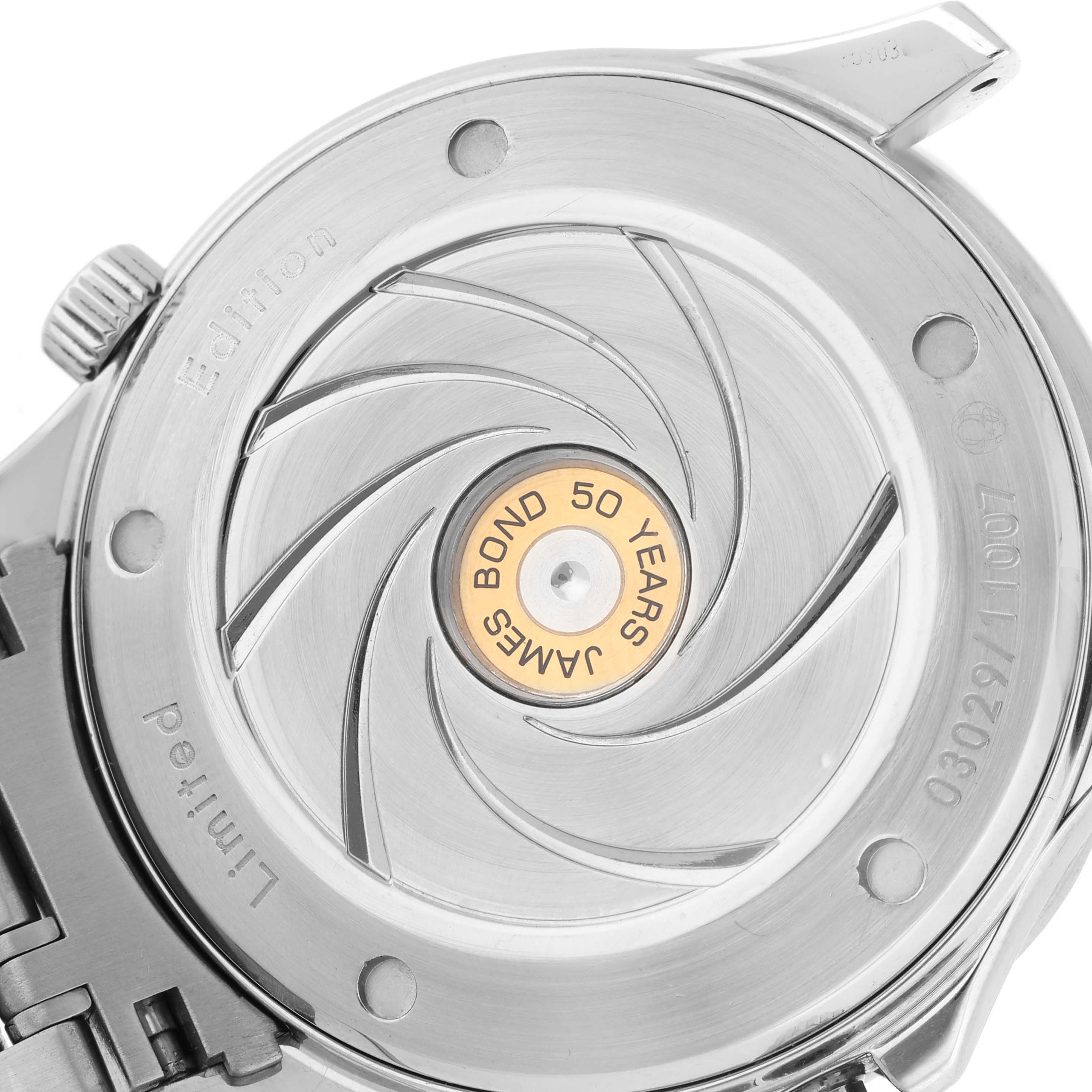 The image shows the case back of the Omega Seamaster 212.30.41.20.01.005 Men
s Stainless Steel Black Dial 212.30.41.20.01.005 Men
s Stainless Steel Black Dial watch, specifically the James Bond 50-year anniversary edition.