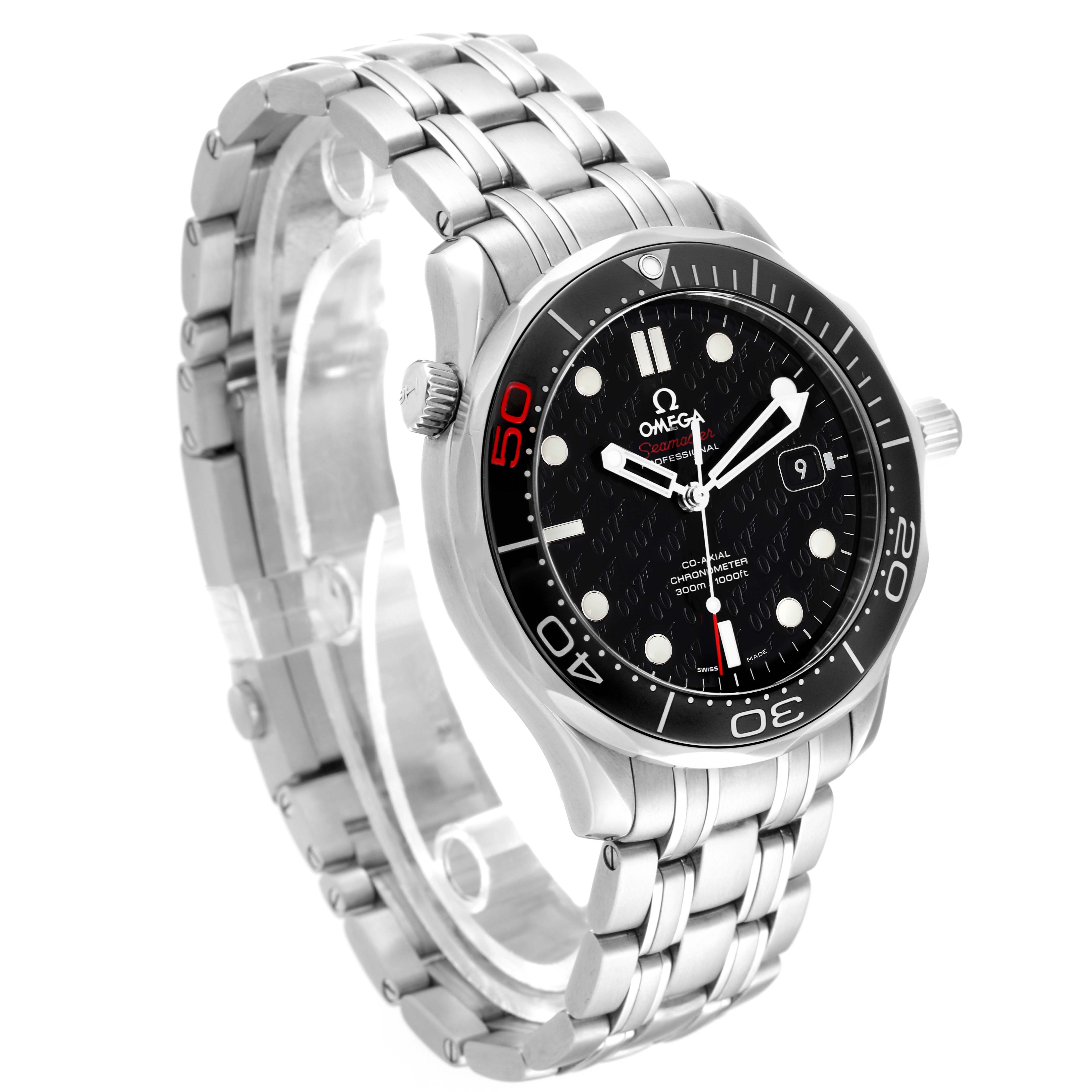 The Omega Seamaster 212.30.41.20.01.005 Men
s Stainless Steel Black Dial 212.30.41.20.01.005 Men
s Stainless Steel Black Dial watch is shown at an angled view featuring its black dial, bezel, bracelet, and crown.