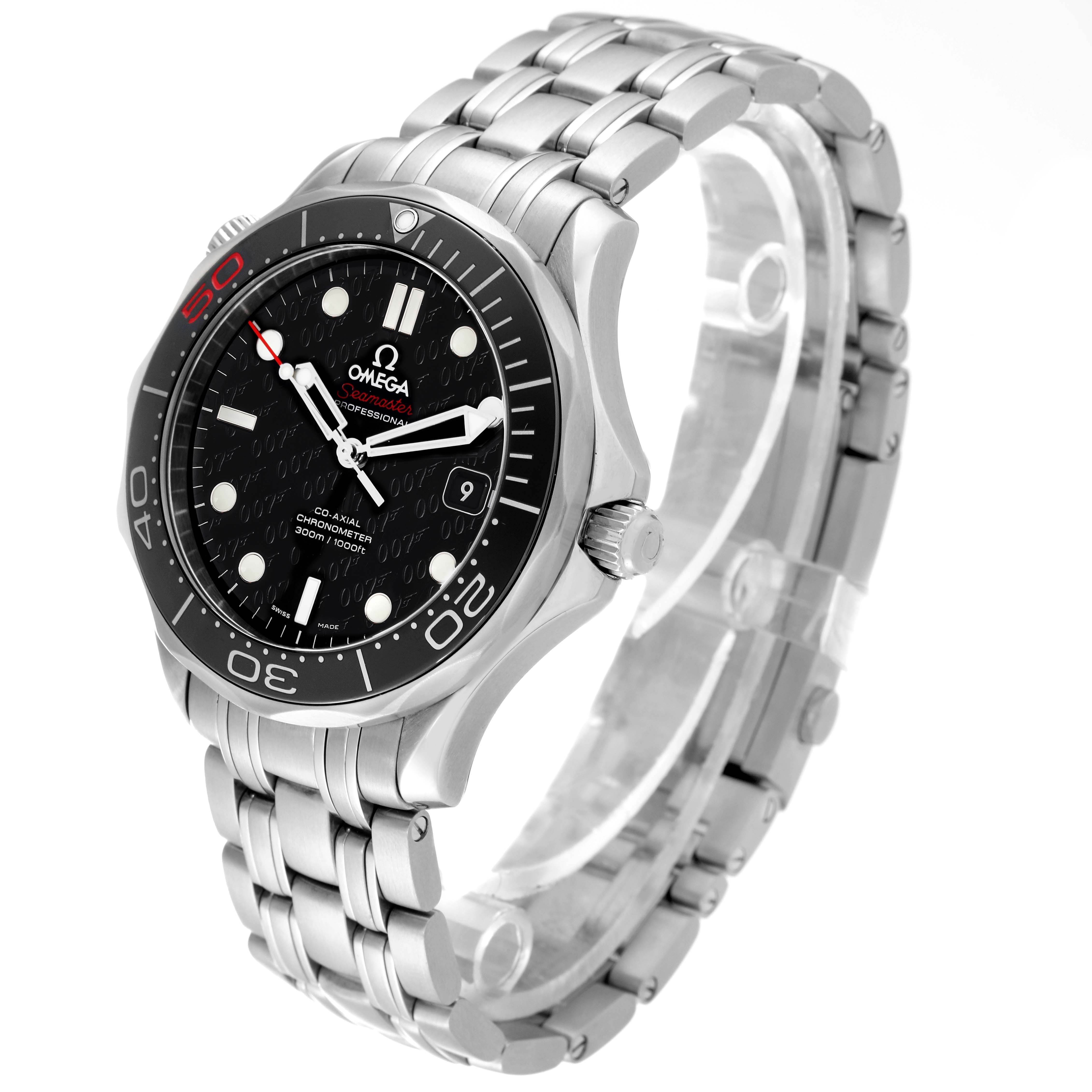 The Omega Seamaster 212.30.41.20.01.005 Men
s Stainless Steel Black Dial 212.30.41.20.01.005 Men
s Stainless Steel Black Dial watch is shown at a three-quarter angle, highlighting its face, bezel, and metal bracelet.