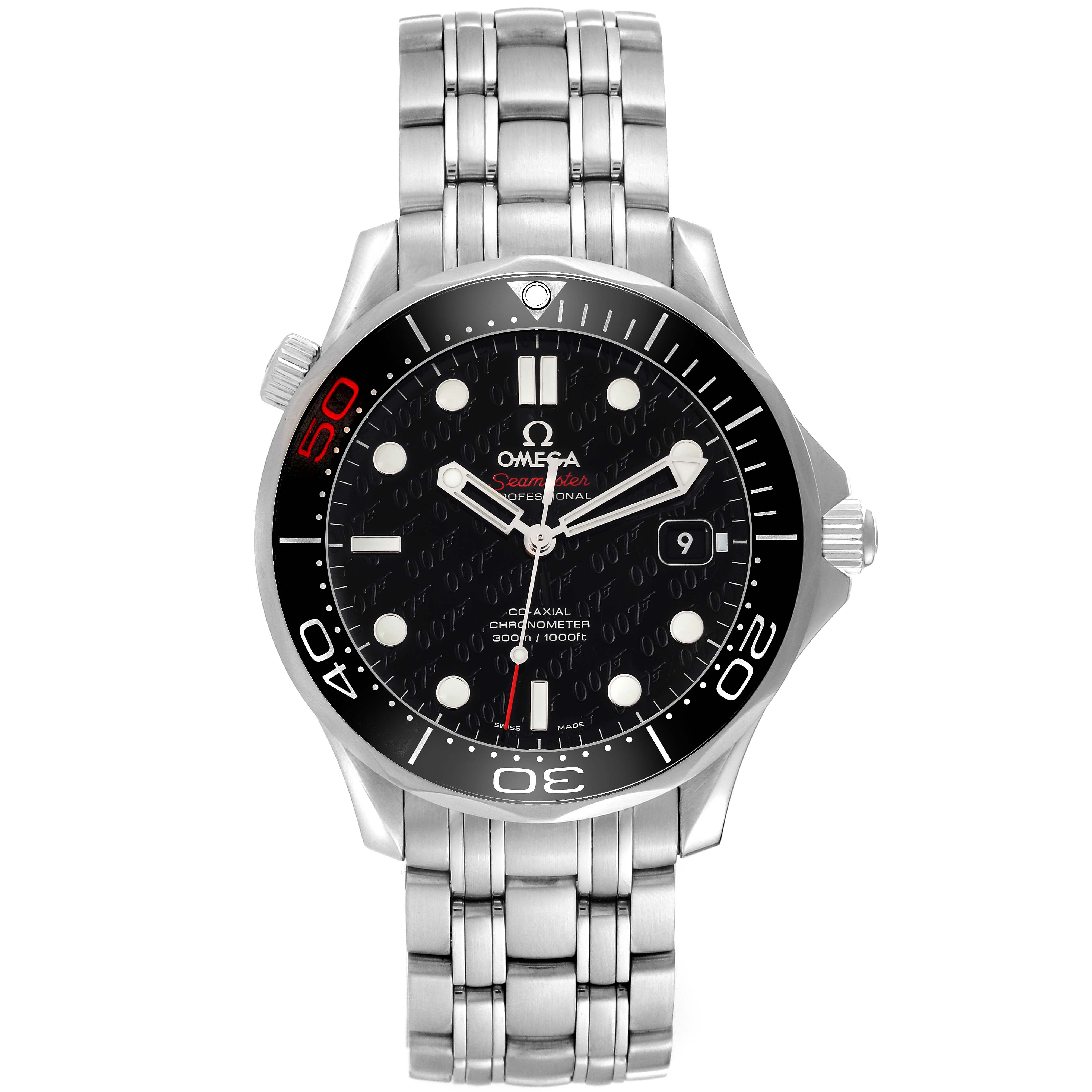 This image shows a front view of the Omega Seamaster 212.30.41.20.01.005 Men
s Stainless Steel Black Dial 212.30.41.20.01.005 Men
s Stainless Steel Black Dial watch, highlighting the dial, bezel, bracelet, and crown.