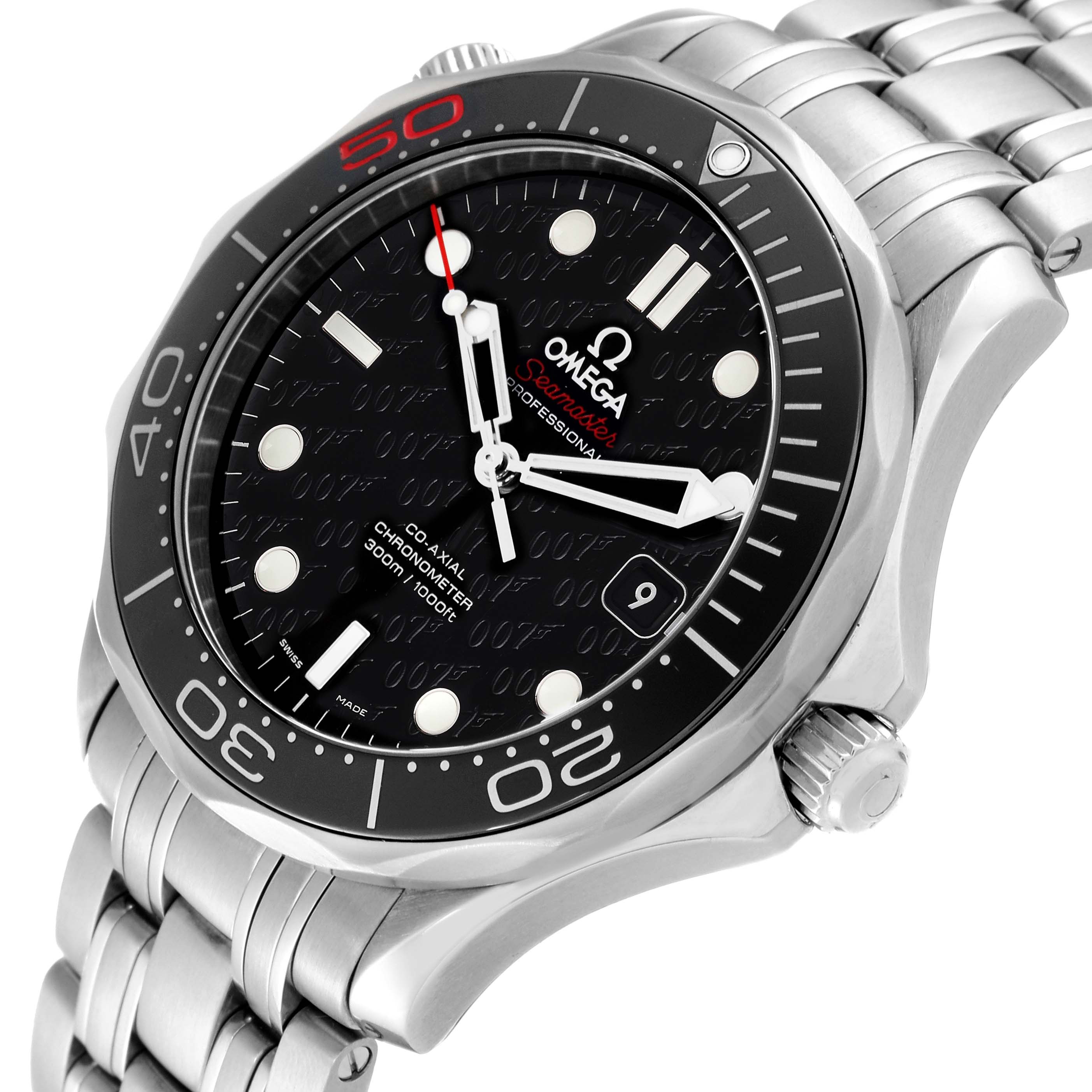 The image shows an angled close-up of the Omega Seamaster 212.30.41.20.01.005 Men
s Stainless Steel Black Dial 212.30.41.20.01.005 Men
s Stainless Steel Black Dial watch, highlighting its face, bezel, and part of the stainless steel bracelet.