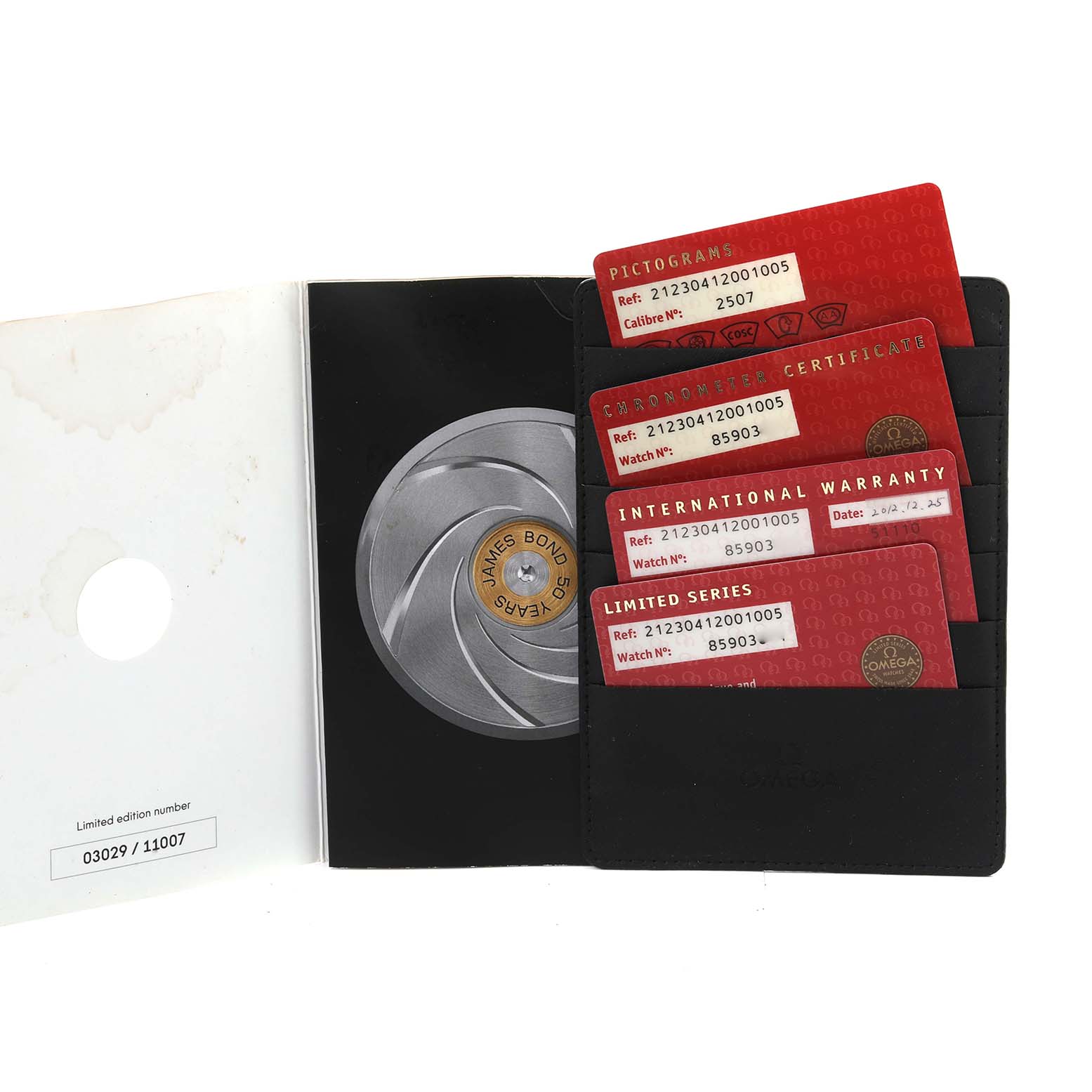 The image shows the warranty cards and booklet for the Omega Seamaster 212.30.41.20.01.005 Men
s Stainless Steel Black Dial 212.30.41.20.01.005 Men
s Stainless Steel Black Dial, including the limited edition number.