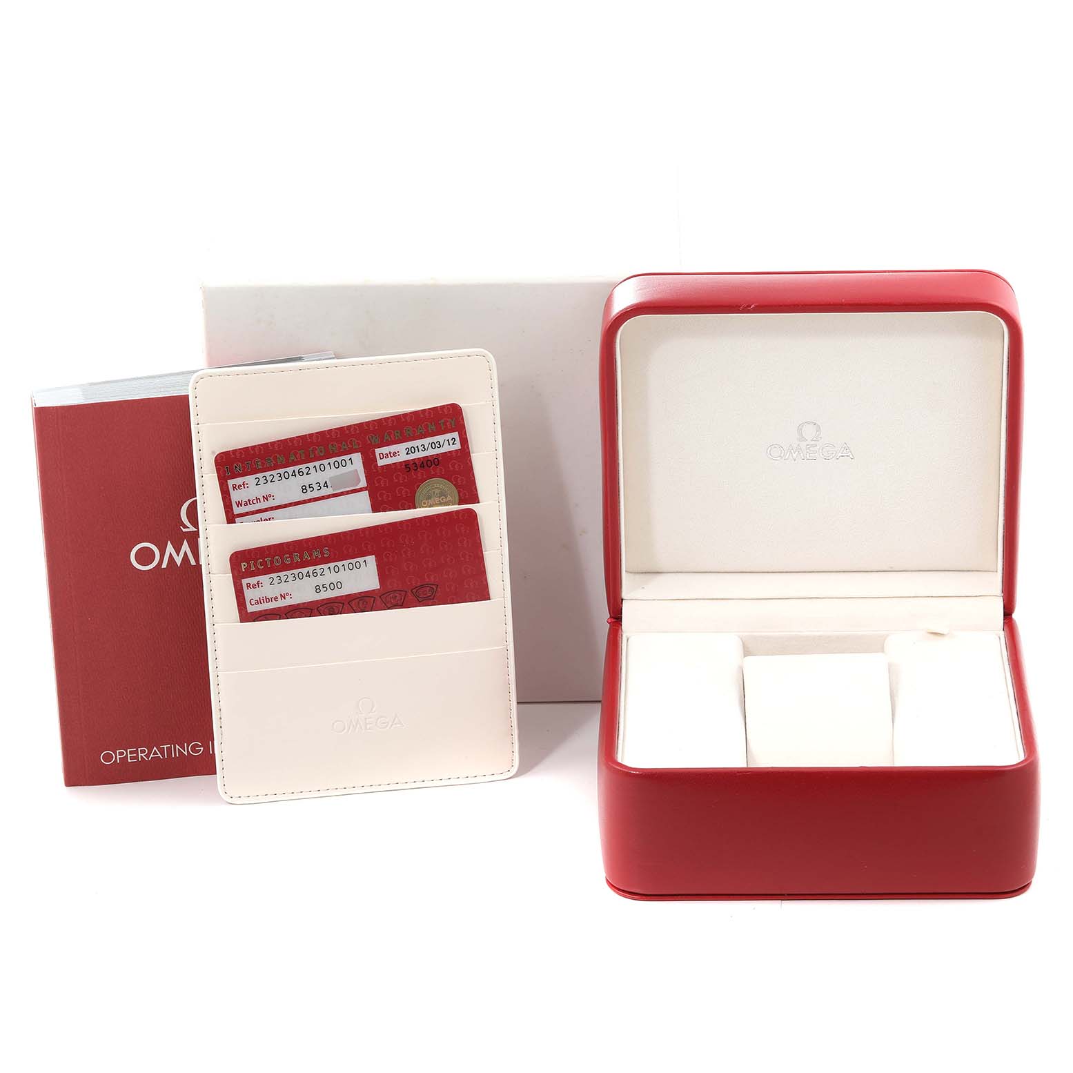 The image shows the Omega Planet Ocean 232.30.46.21.01.001 Men's Stainless Steel Black Dial watch accessories, including a red box, warranty cards, and an operating manual.