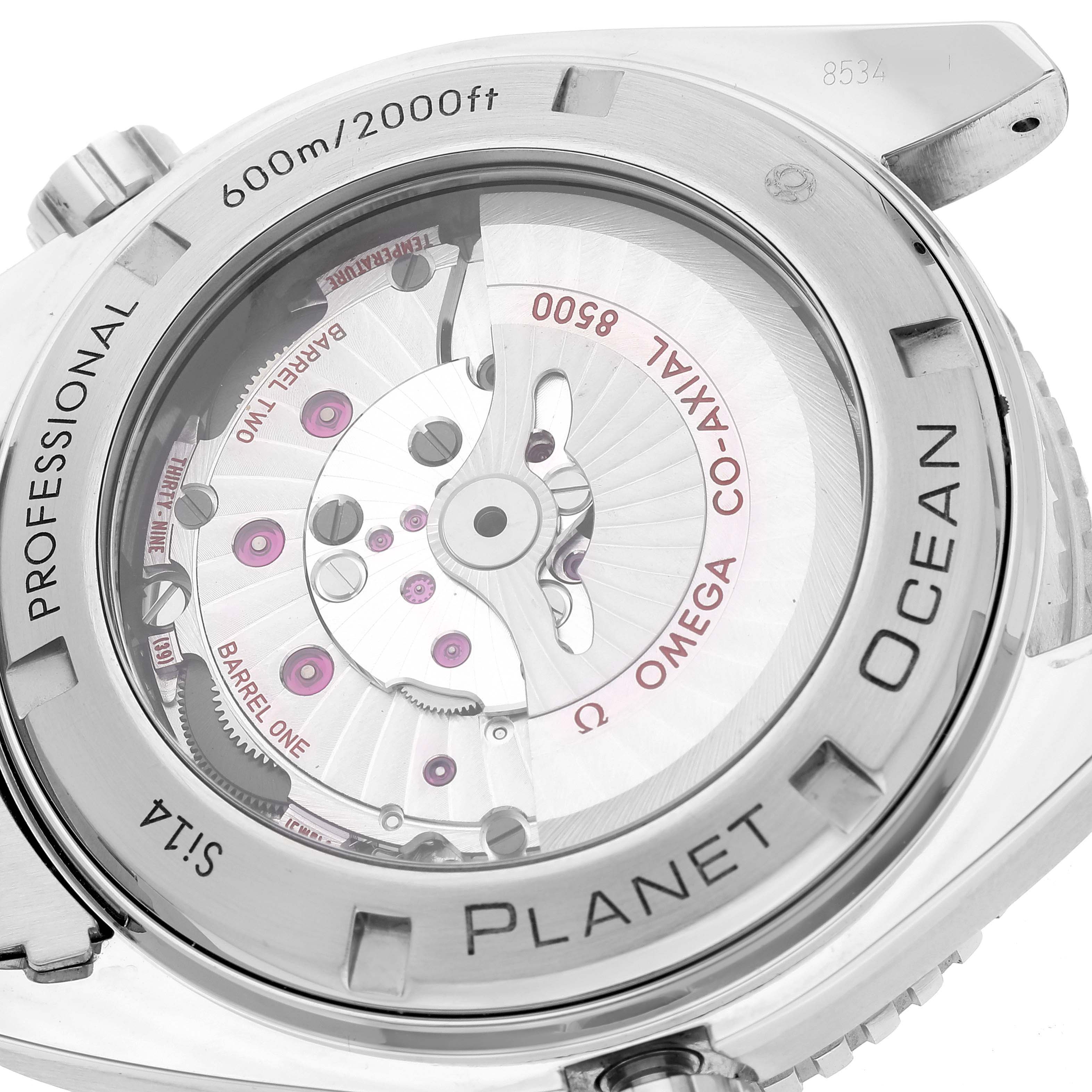 The image shows the back of the Omega Planet Ocean 232.30.46.21.01.001 Men's Stainless Steel Black Dial watch, highlighting the co-axial movement and case details.