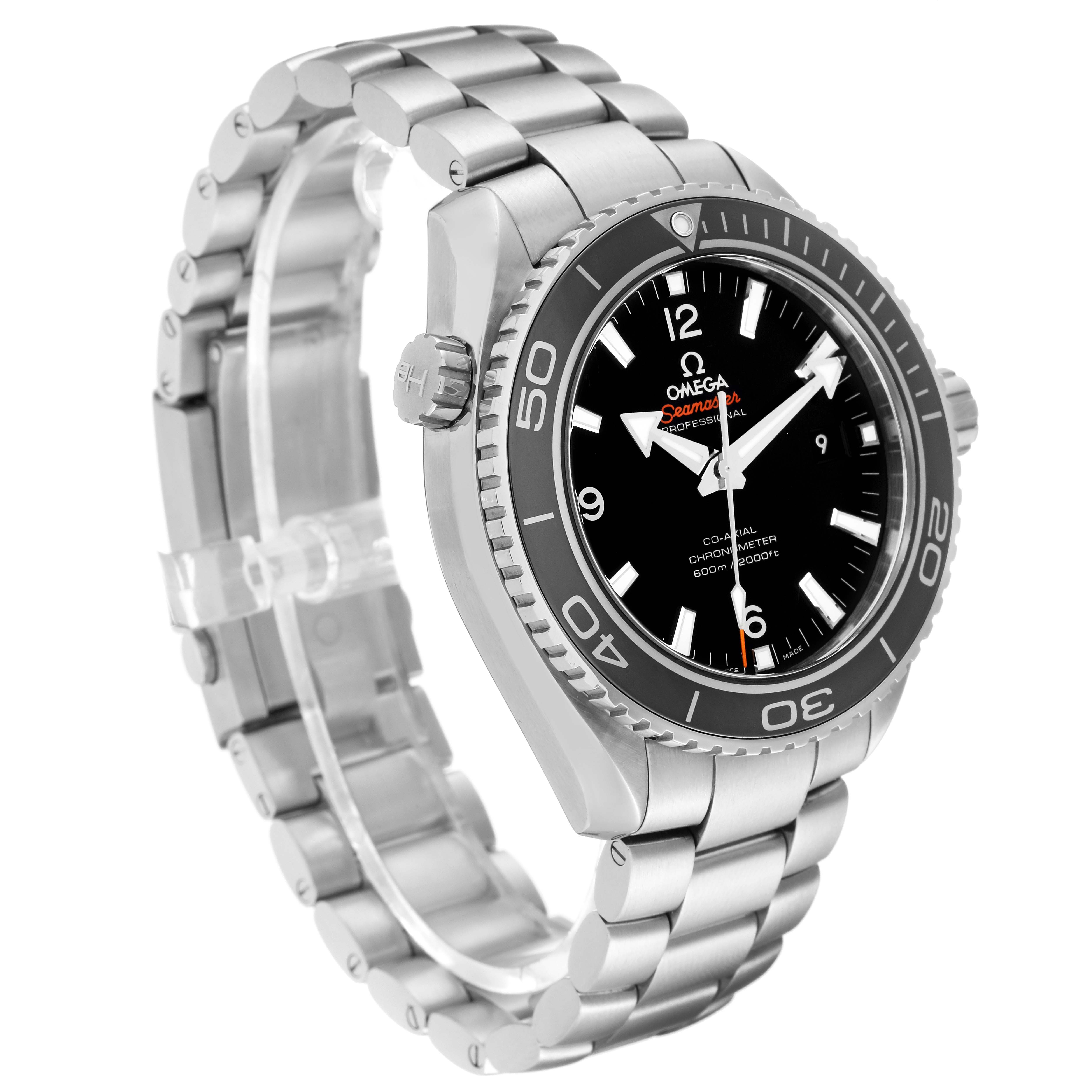 The Omega Planet Ocean 232.30.46.21.01.001 Men's Stainless Steel Black Dial watch is shown at a three-quarter angle, highlighting the bezel, dial, crown, and metal bracelet.