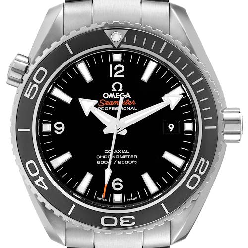 The Omega Planet Ocean 232.30.46.21.01.001 Mens Stainless Steel Black Dial watch is shown from the front, displaying the dial, bezel, crown, and part of the bracelet.