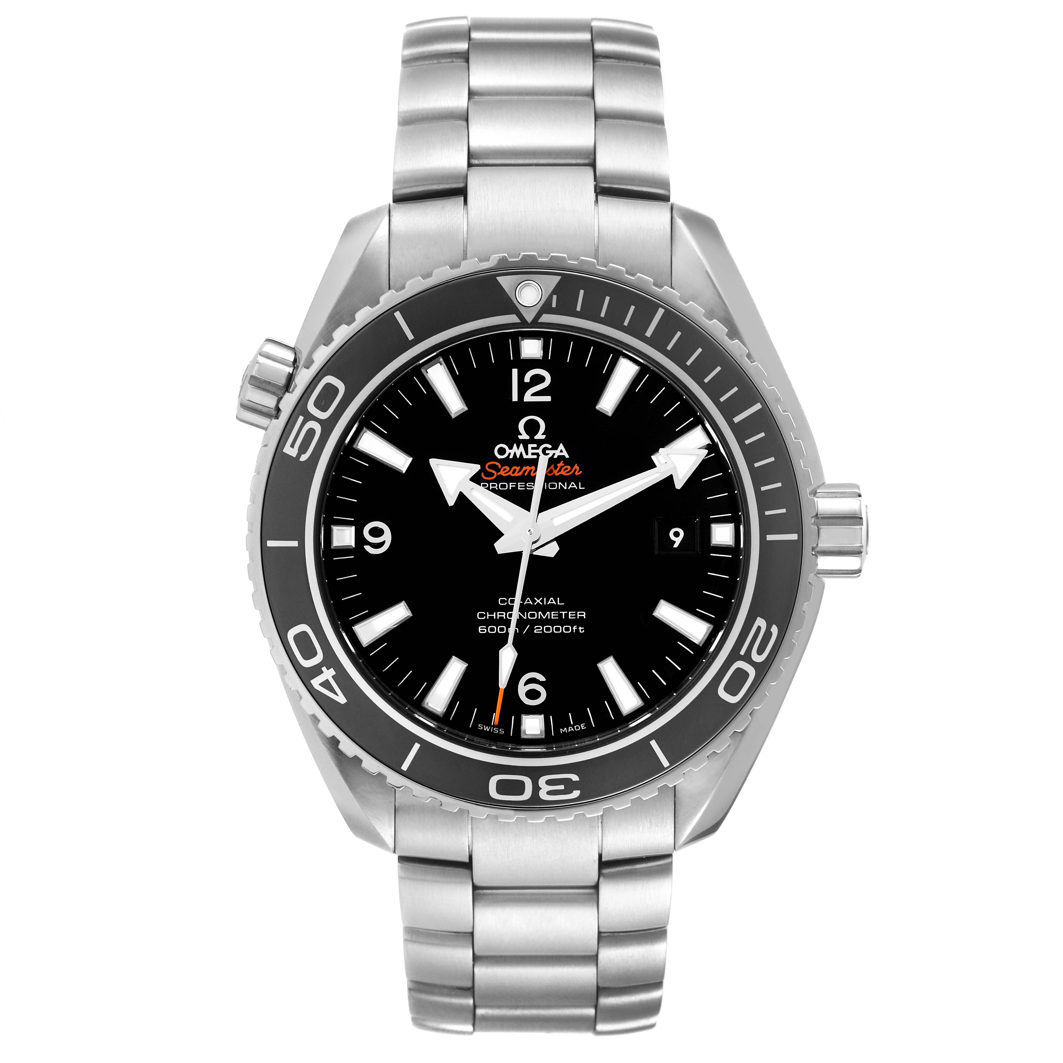 The Omega Planet Ocean 232.30.46.21.01.001 Men's Stainless Steel Black Dial watch is shown from the front, displaying the dial, bezel, and stainless steel bracelet.