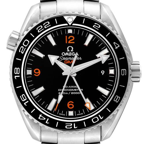 This is a front view of the Omega Seamaster model, highlighting its dial, bezel, and metal bracelet.