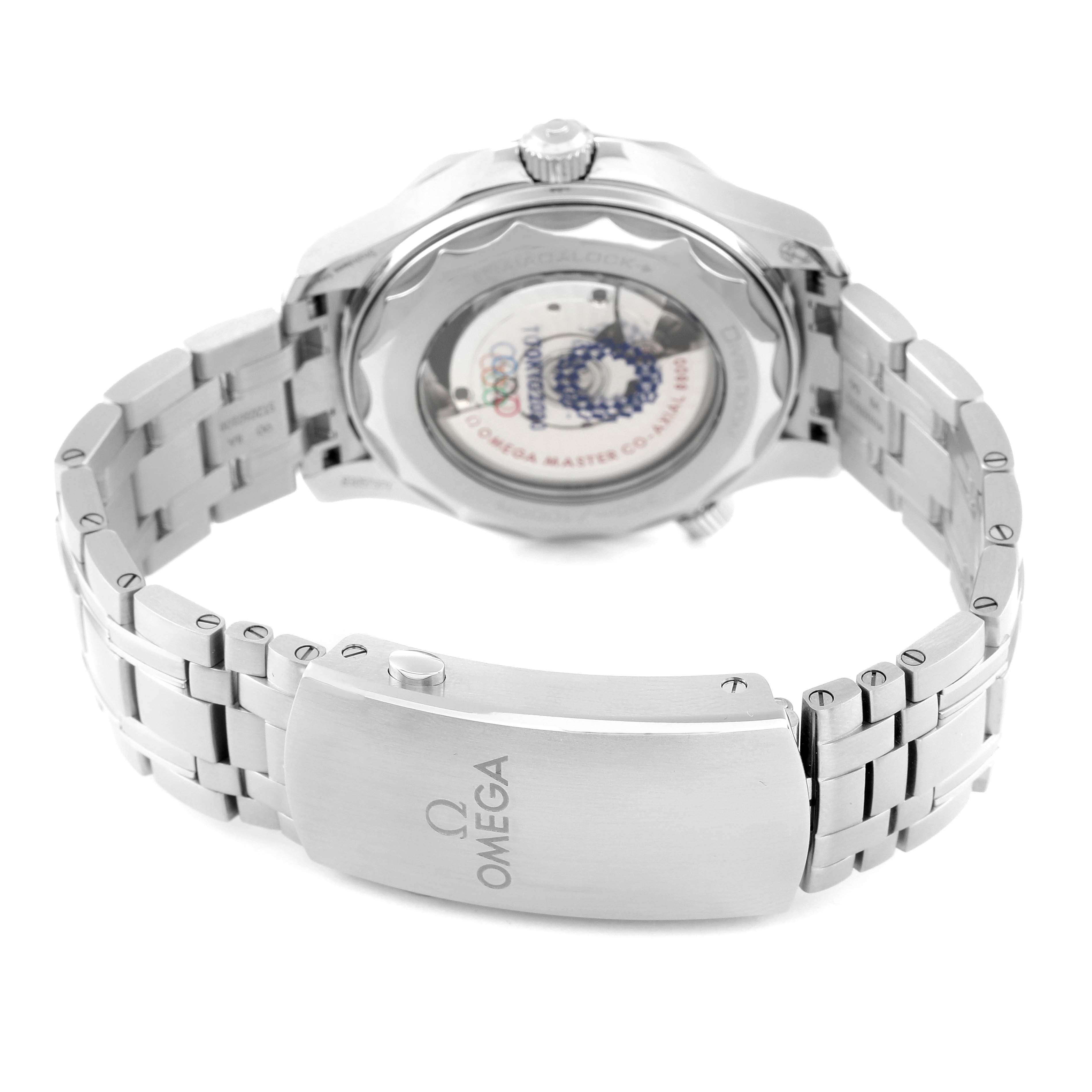 The image shows the back and clasp of an Omega Seamaster 522.30.42.20.04.001 Men's Stainless Steel White Dial 522.30.42.20.04.001 Men's Stainless Steel White Dial watch, with a focus on the watch's bracelet and case back.