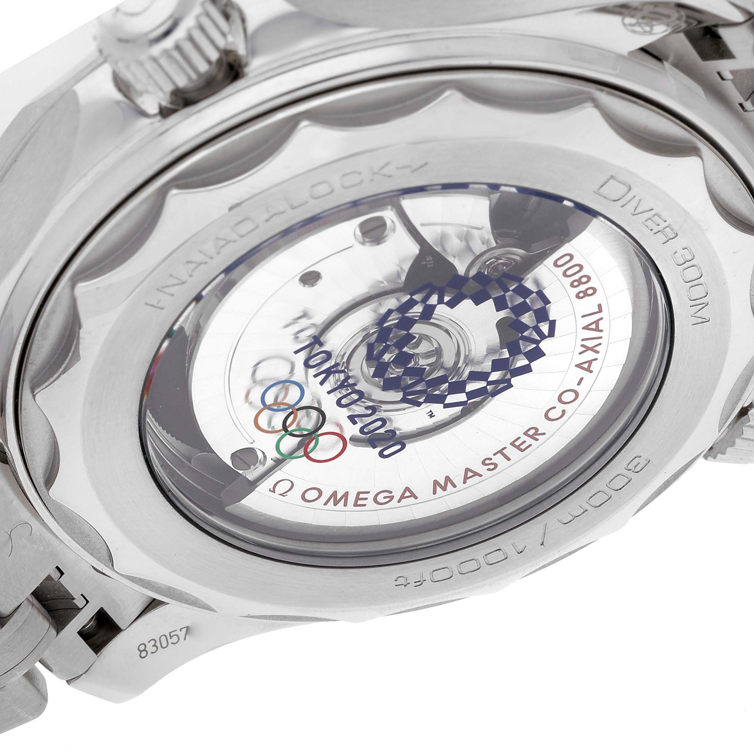 This image shows the back of the Omega Seamaster 522.30.42.20.04.001 Men's Stainless Steel White Dial 522.30.42.20.04.001 Men's Stainless Steel White Dial Diver 300M, highlighting the movement and see-through caseback.