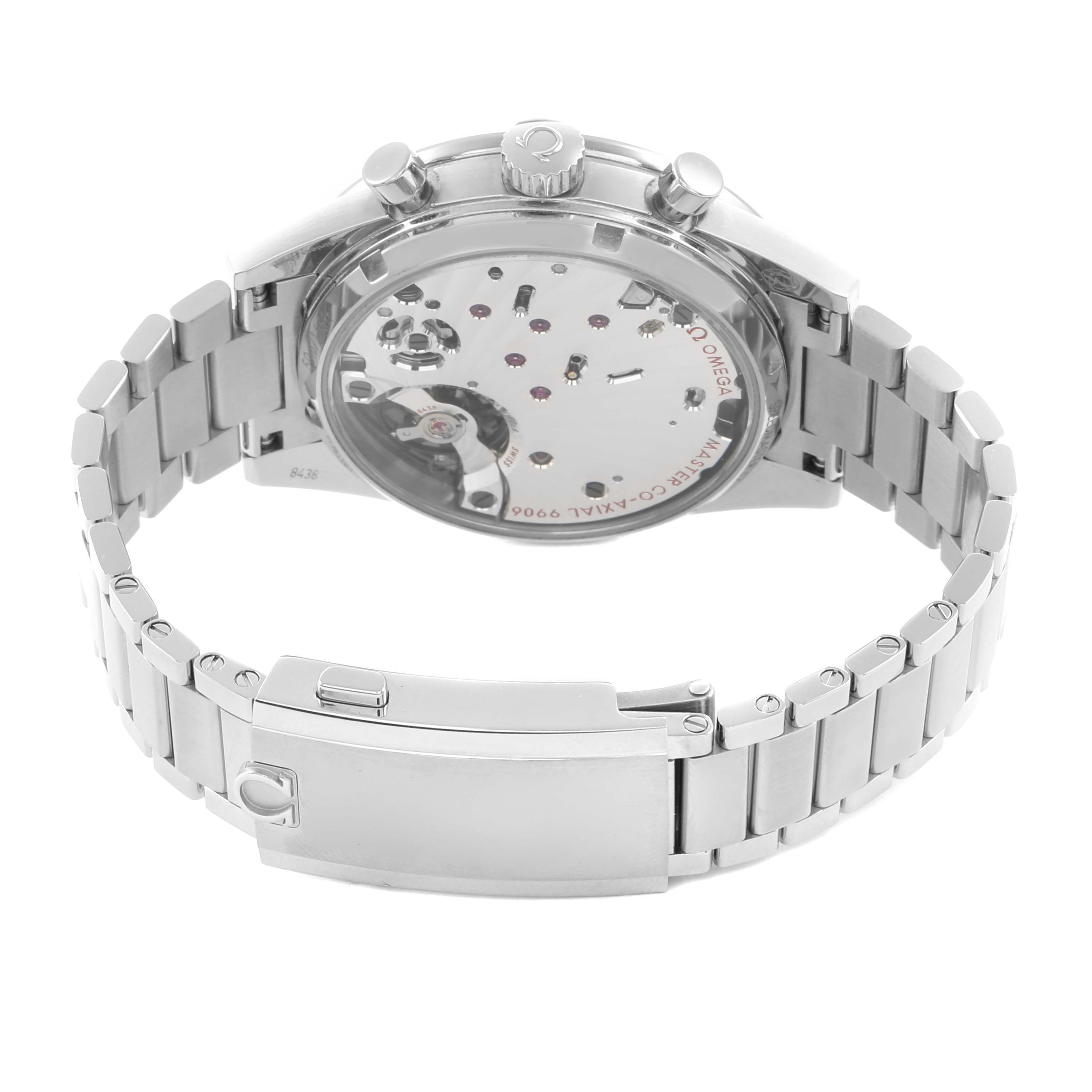 The Omega Speedmaster 332.10.41.51.03.001 Men's Stainless Steel Blue Dial watch is shown from the back, highlighting its transparent case back and metal bracelet.