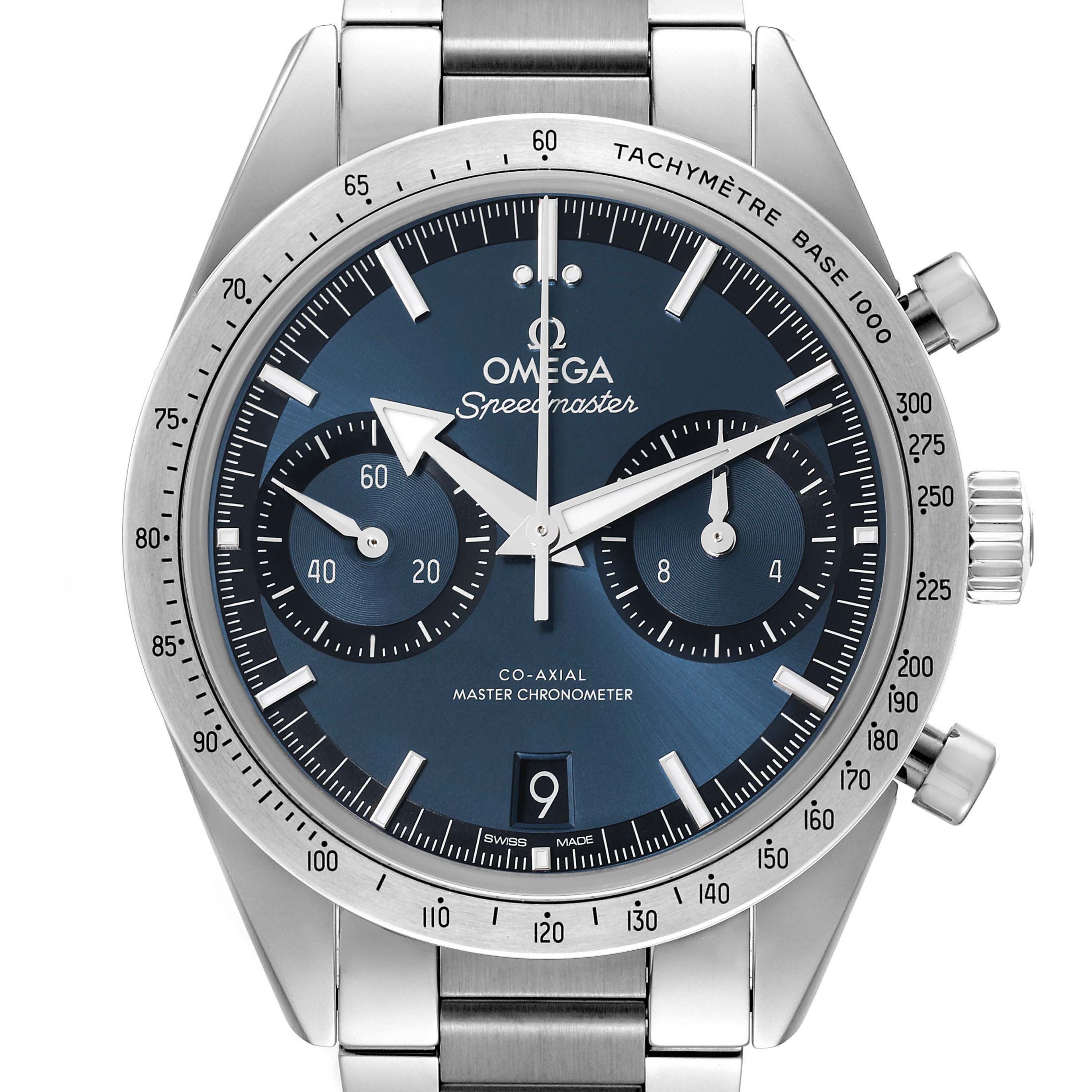 The Omega Speedmaster 332.10.41.51.03.001 Men's Stainless Steel Blue Dial watch is shown from the front, displaying the dial, bezel, subdials, crown, and pushers.