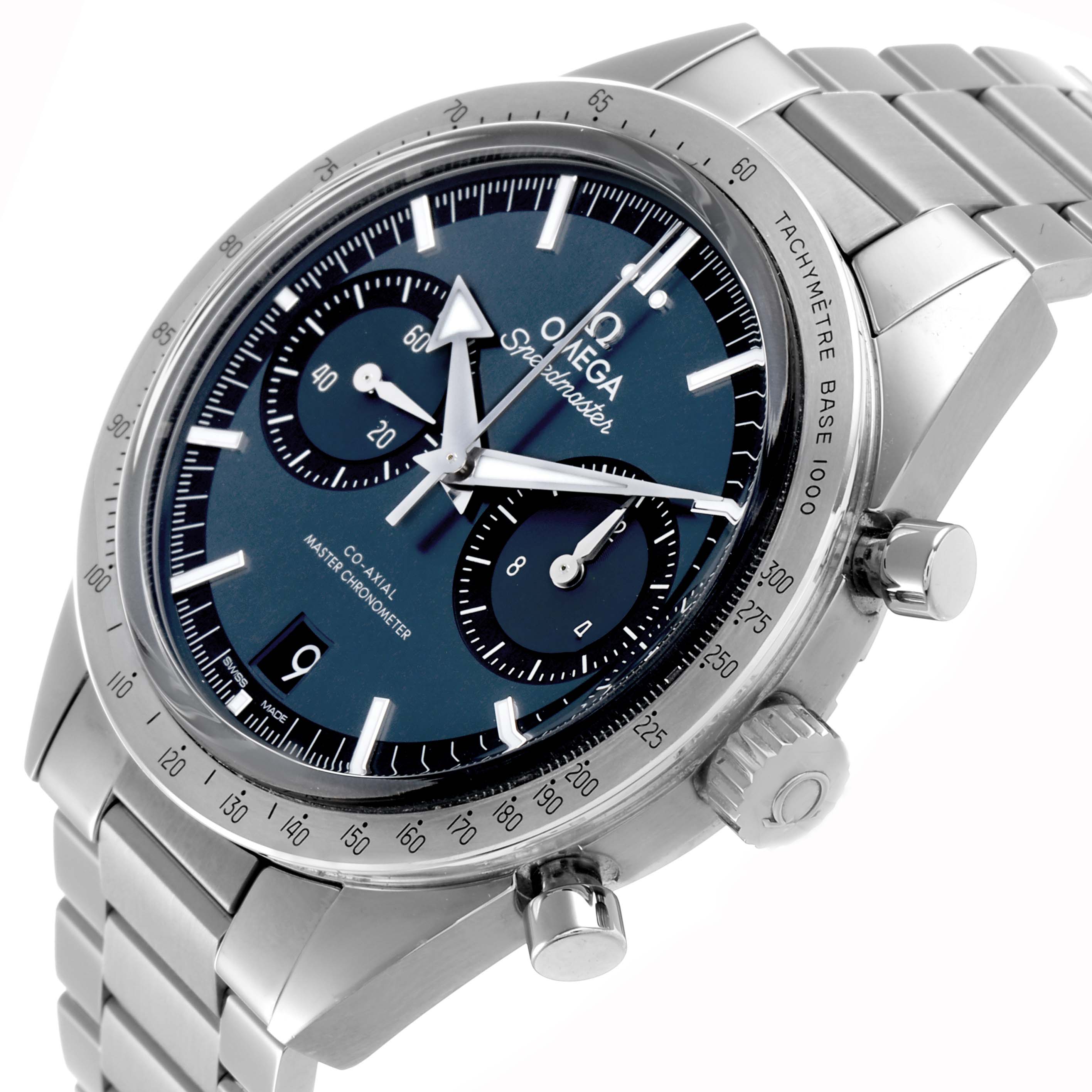 The Omega Speedmaster 332.10.41.51.03.001 Men's Stainless Steel Blue Dial watch is shown from an angled side view, displaying the case, dial, crown, and part of the bracelet.