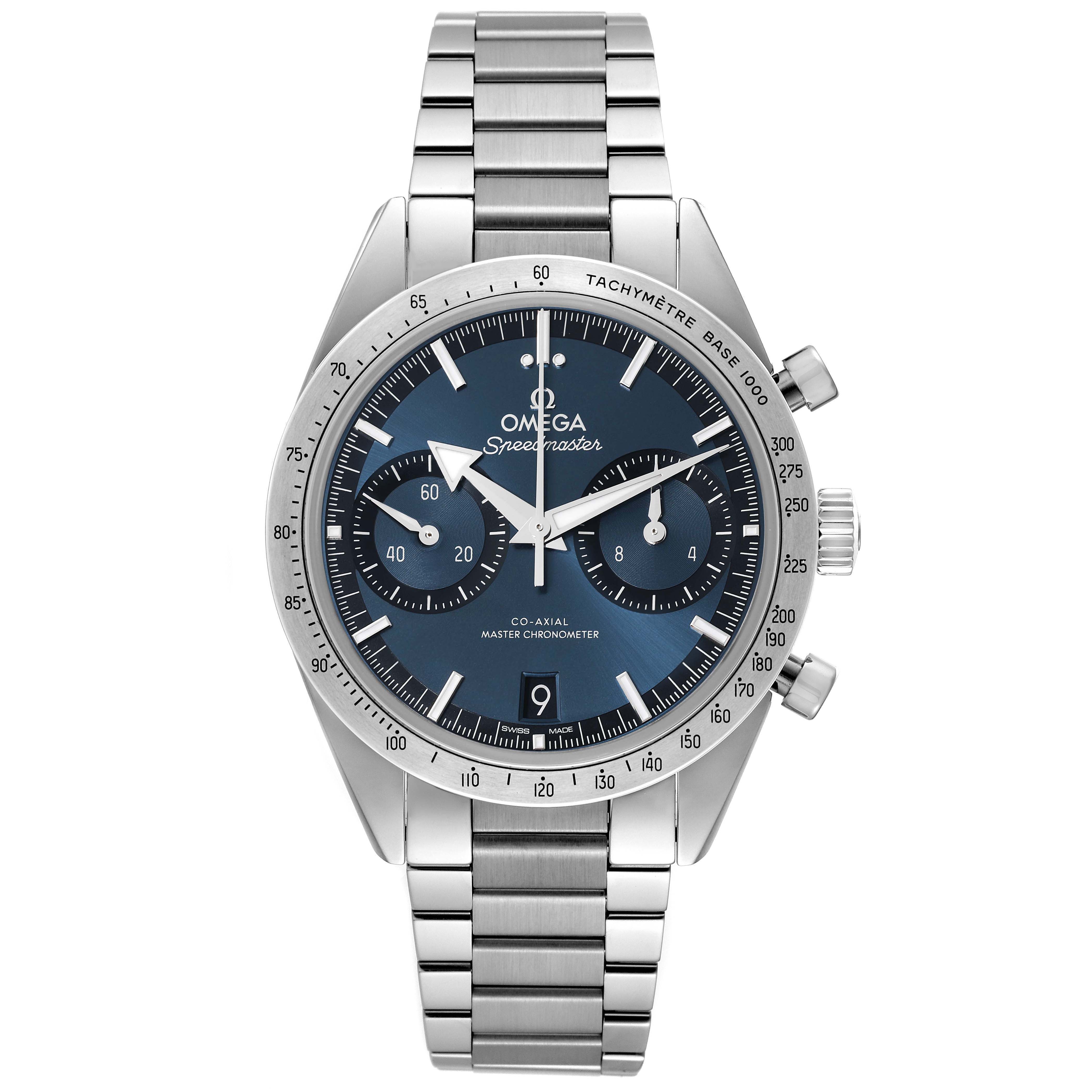The Omega Speedmaster 332.10.41.51.03.001 Men's Stainless Steel Blue Dial watch is shown from a front angle, displaying the face, bezel, and bracelet.