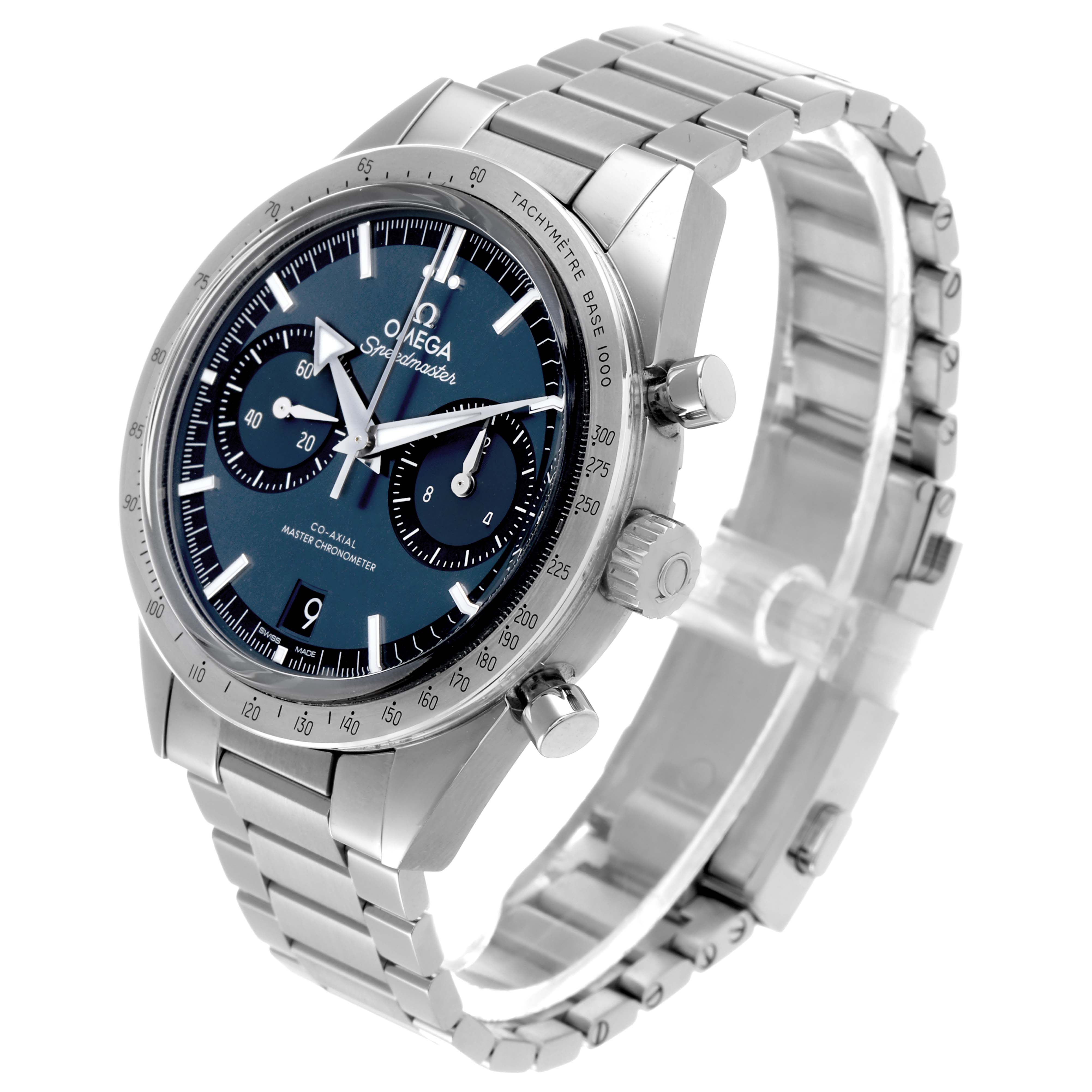 The Omega Speedmaster 332.10.41.51.03.001 Men's Stainless Steel Blue Dial is shown from a right-side angle, highlighting the dial, bezel, crown, pushers, and bracelet.