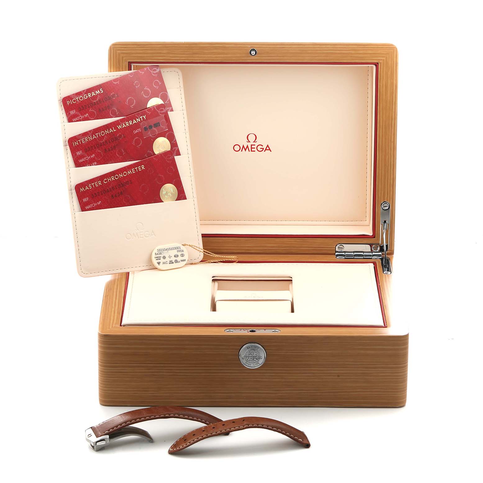 The image shows an Omega Speedmaster 332.10.41.51.03.001 Men's Stainless Steel Blue Dial package with its box, warranty cards, and additional leather straps.