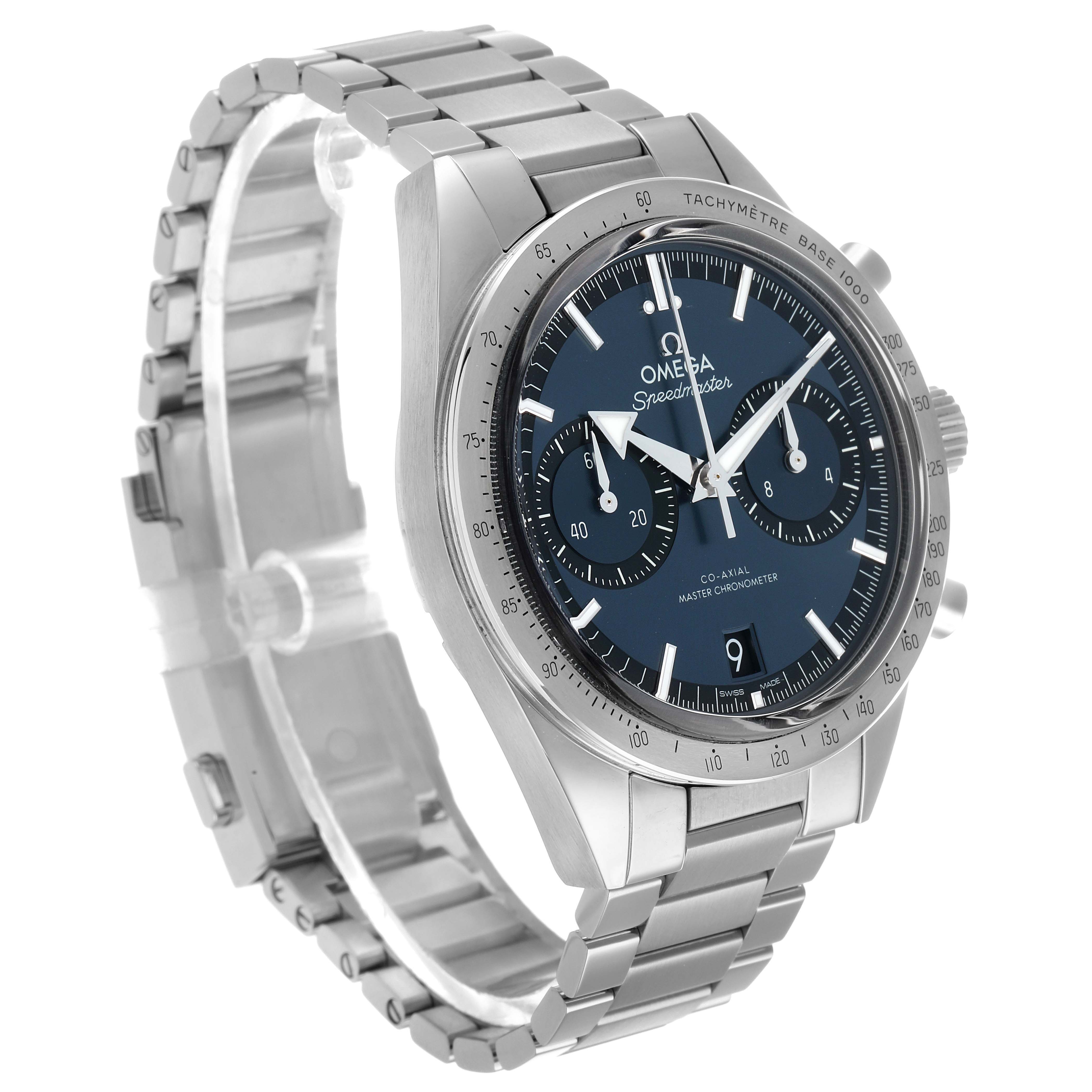 The Omega Speedmaster 332.10.41.51.03.001 Men's Stainless Steel Blue Dial watch is shown at a three-quarter angle, highlighting the dial, bezel, crown, and stainless steel bracelet.