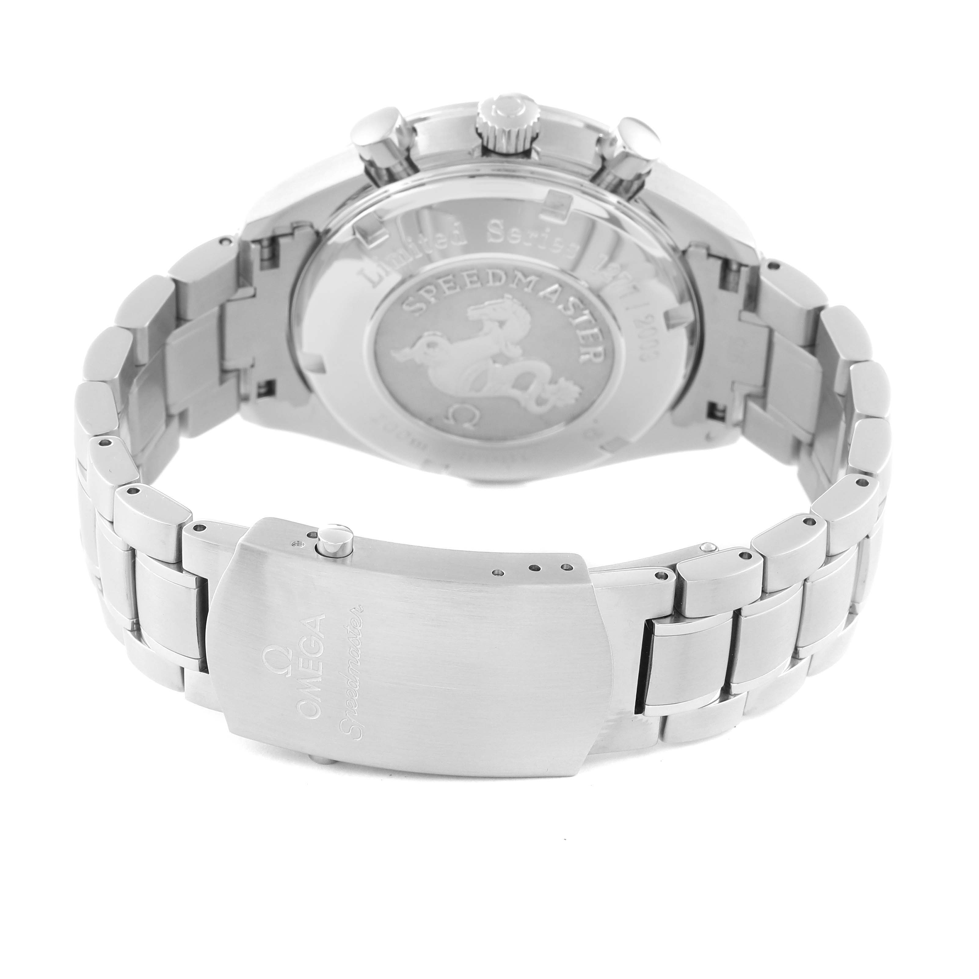 This is a rear-angle view of the Omega Speedmaster 323.30.40.40.01.001 Men
s Stainless Steel Black Dial 323.30.40.40.01.001 Men
s Stainless Steel Black Dial watch showing the case back, clasp, and metal bracelet.