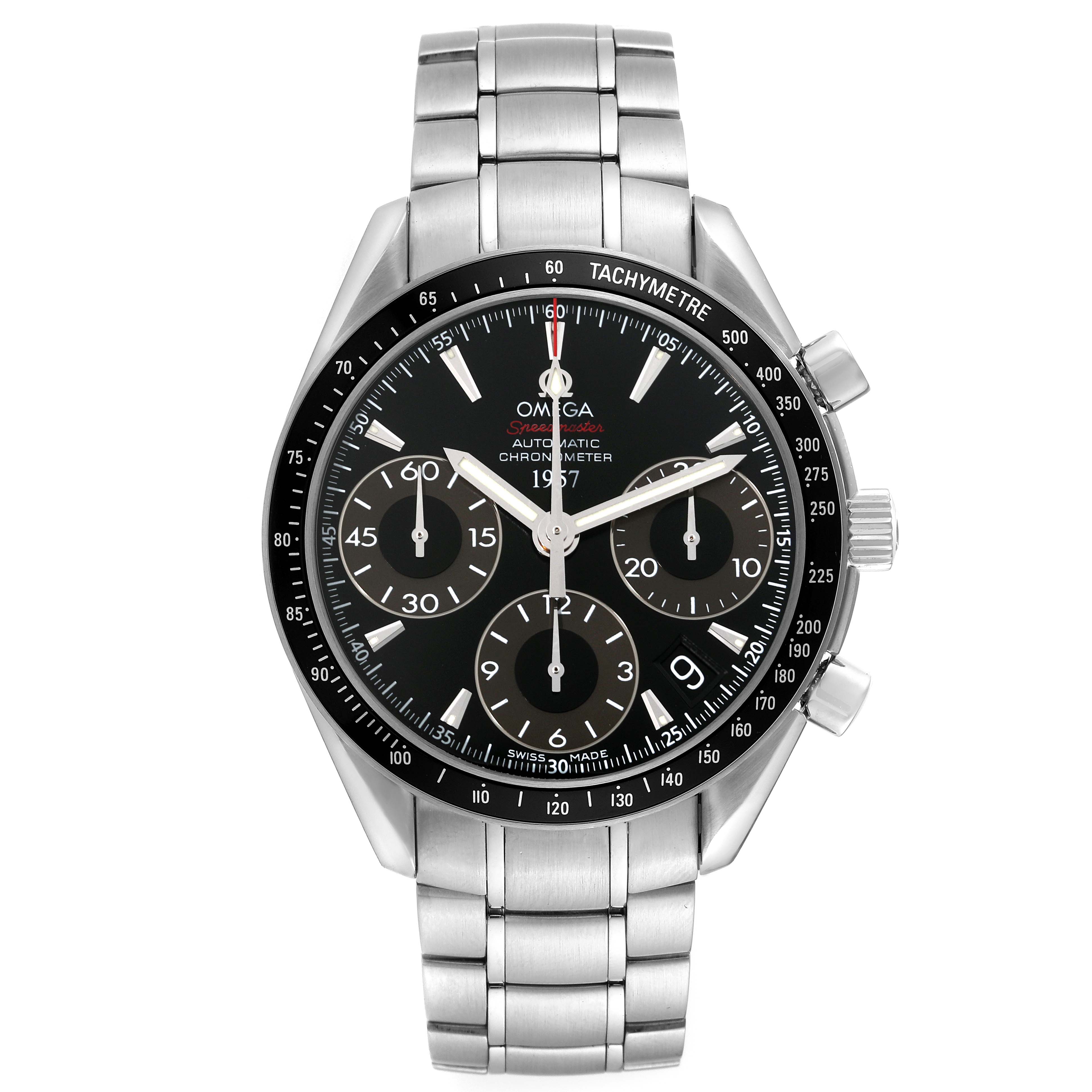 This Omega Speedmaster 323.30.40.40.01.001 Men
s Stainless Steel Black Dial 323.30.40.40.01.001 Men
s Stainless Steel Black Dial model is shown from the front, displaying its dial, sub-dials, tachymeter bezel, and stainless steel bracelet.