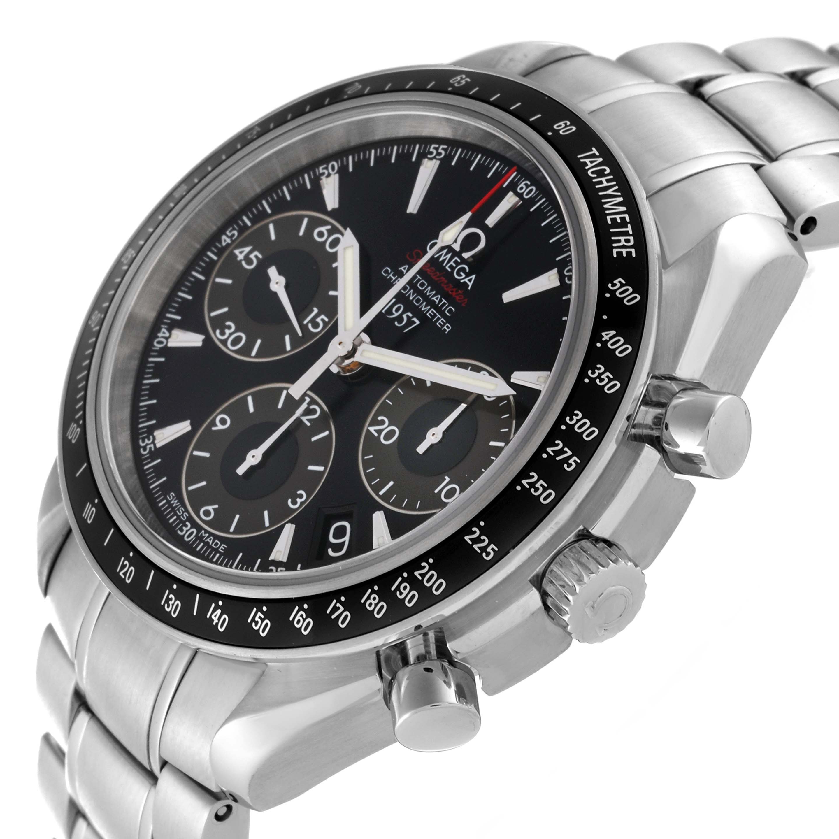 This image shows a close-up, angled view of an Omega Speedmaster 323.30.40.40.01.001 Men
s Stainless Steel Black Dial 323.30.40.40.01.001 Men
s Stainless Steel Black Dial watch focusing on the face, bezel, and crown.