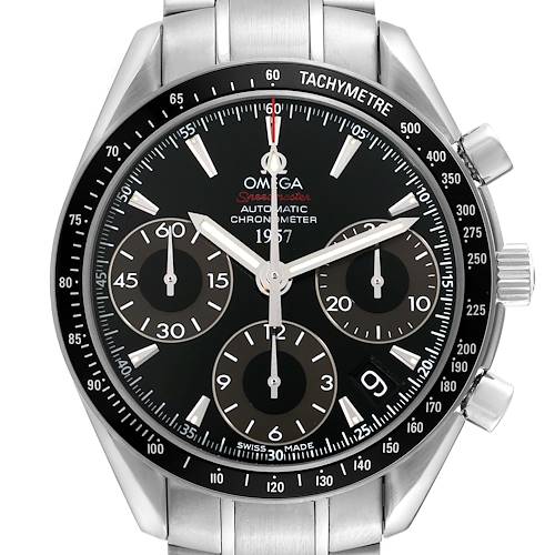 This image shows a front view of the Omega Speedmaster watch, highlighting the dial, hands, subdials, bezel, and tachymeter scale.