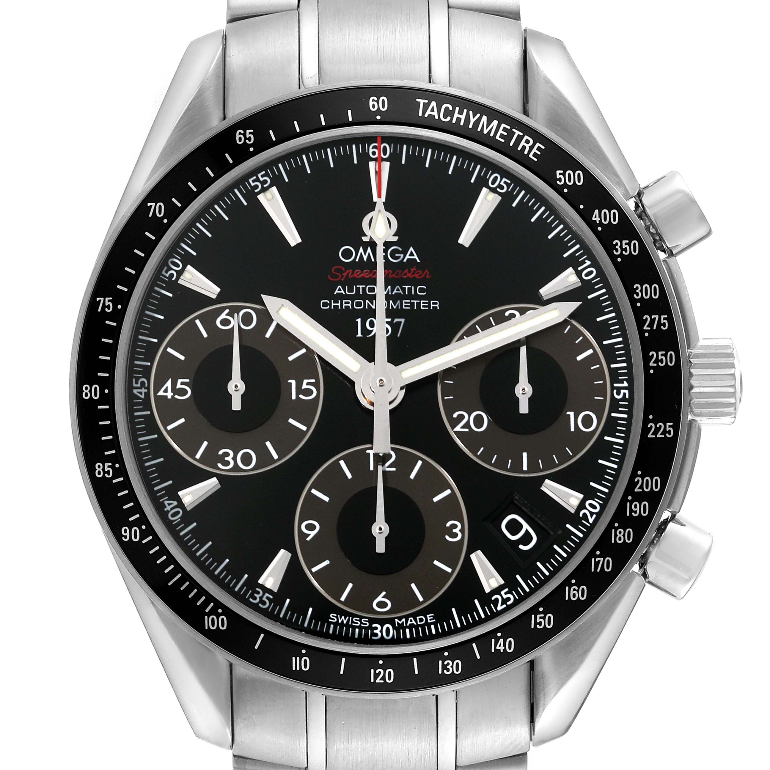 The Omega Speedmaster 323.30.40.40.01.001 Men
s Stainless Steel Black Dial 323.30.40.40.01.001 Men
s Stainless Steel Black Dial watch is shown from a top-down angle, displaying the face, chronograph dials, and part of the metal bracelet.