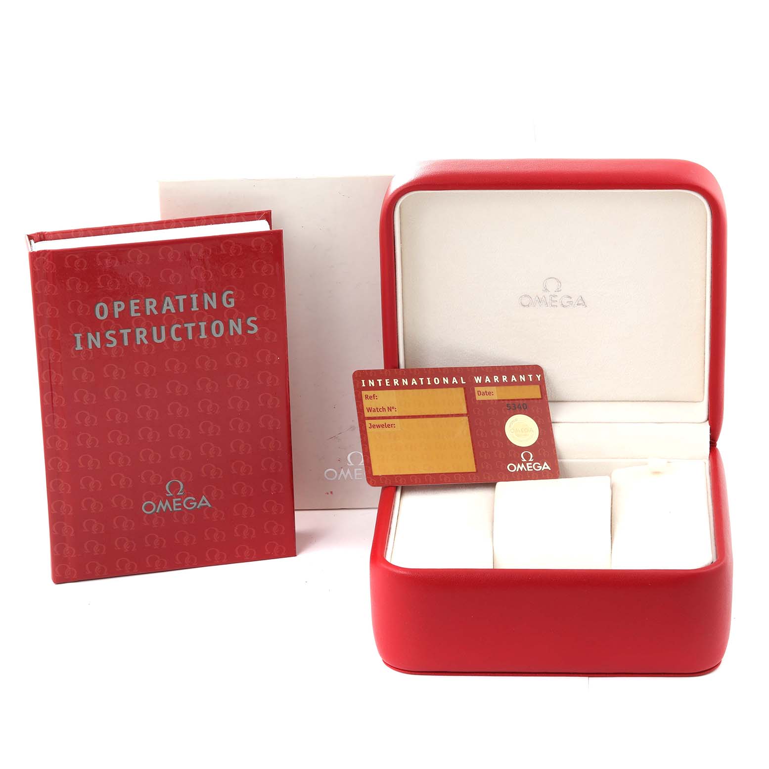 The image shows the operating instructions, warranty card, and the red and white box for the Omega Speedmaster 323.30.40.40.01.001 Men
s Stainless Steel Black Dial 323.30.40.40.01.001 Men
s Stainless Steel Black Dial watch.