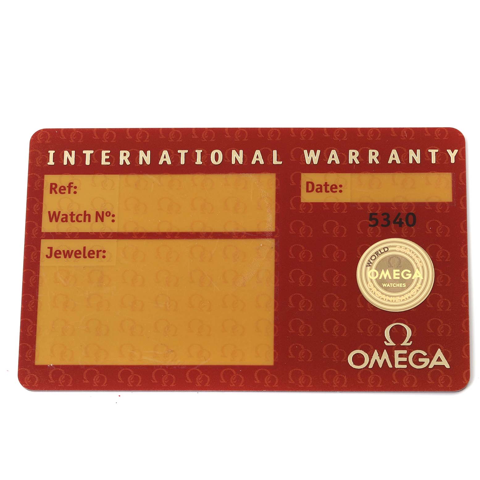 The image shows the front of an International Warranty card for an Omega Speedmaster 323.30.40.40.01.001 Men
s Stainless Steel Black Dial 323.30.40.40.01.001 Men
s Stainless Steel Black Dial watch.