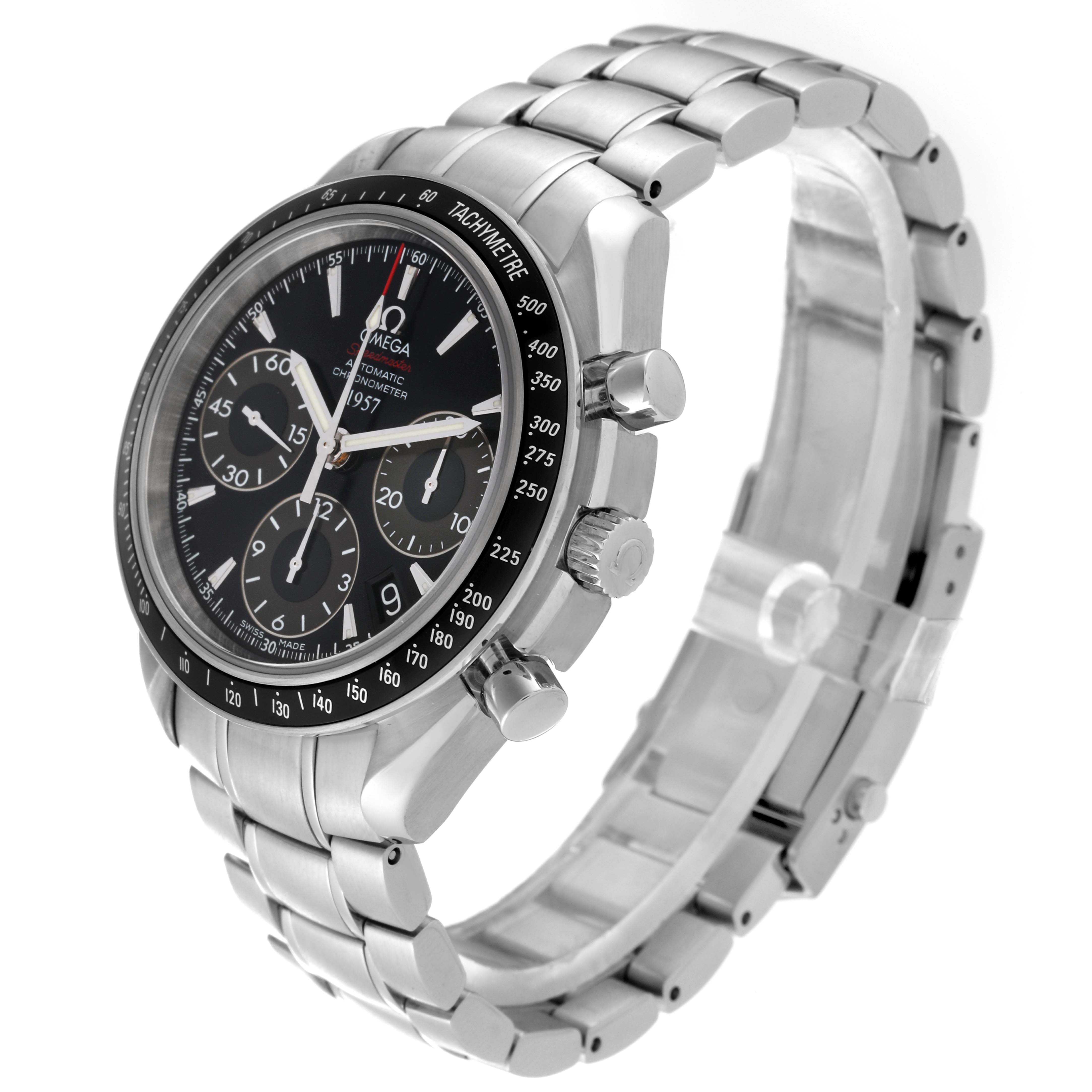The image shows an angled view of an Omega Speedmaster 323.30.40.40.01.001 Men
s Stainless Steel Black Dial 323.30.40.40.01.001 Men
s Stainless Steel Black Dial watch highlighting the face, bezel, and metal bracelet.