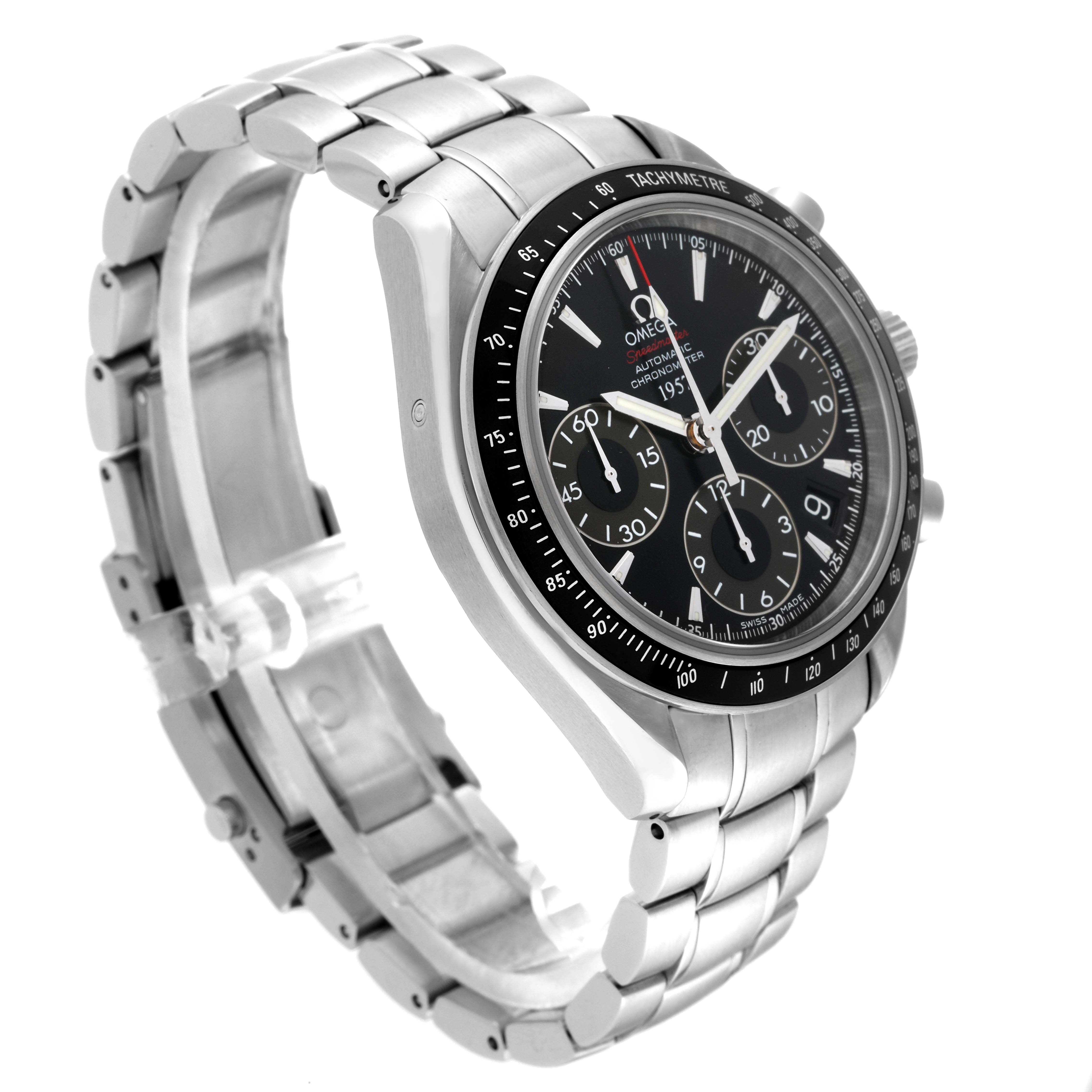 This image shows an angled view of an Omega Speedmaster 323.30.40.40.01.001 Men
s Stainless Steel Black Dial 323.30.40.40.01.001 Men
s Stainless Steel Black Dial watch, highlighting the dial, bezel, and metal bracelet.