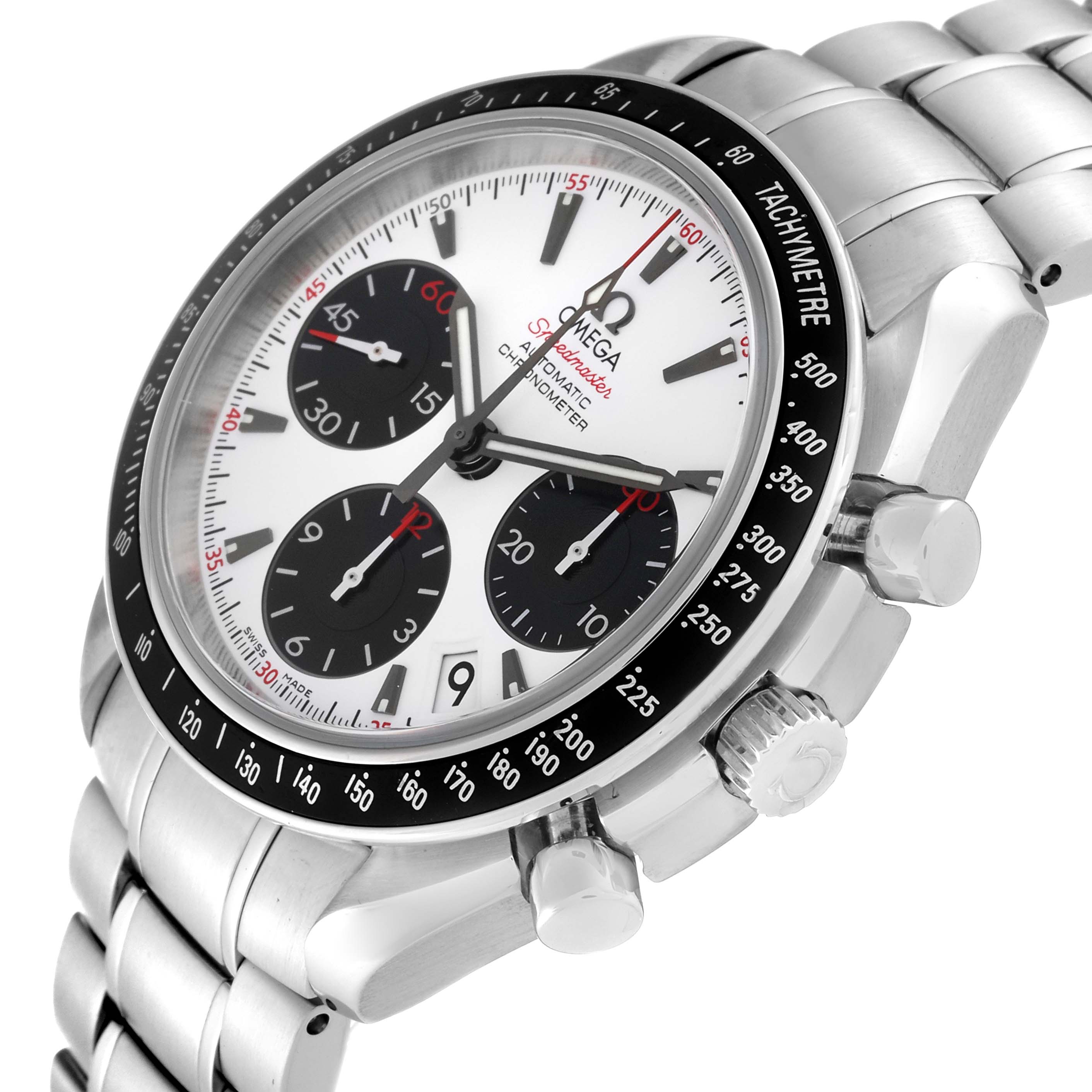 The Omega Speedmaster 323.30.40.40.04.001 Men's Stainless Steel White Dial 323.30.40.40.04.001 Men's Stainless Steel White Dial watch is shown at an angled view highlighting its dial, bezel, and stainless steel bracelet.