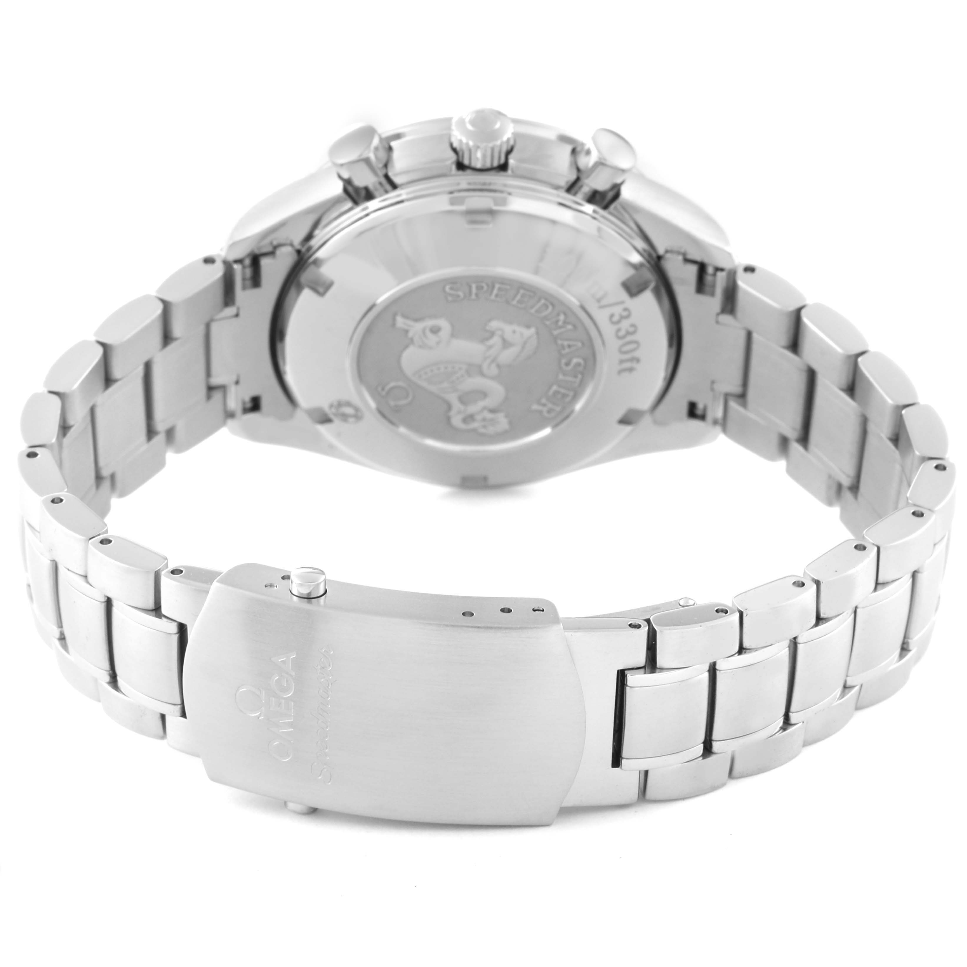 This image shows the back case and metal bracelet with the clasp of the Omega Speedmaster 323.30.40.40.04.001 Men's Stainless Steel White Dial 323.30.40.40.04.001 Men's Stainless Steel White Dial watch.