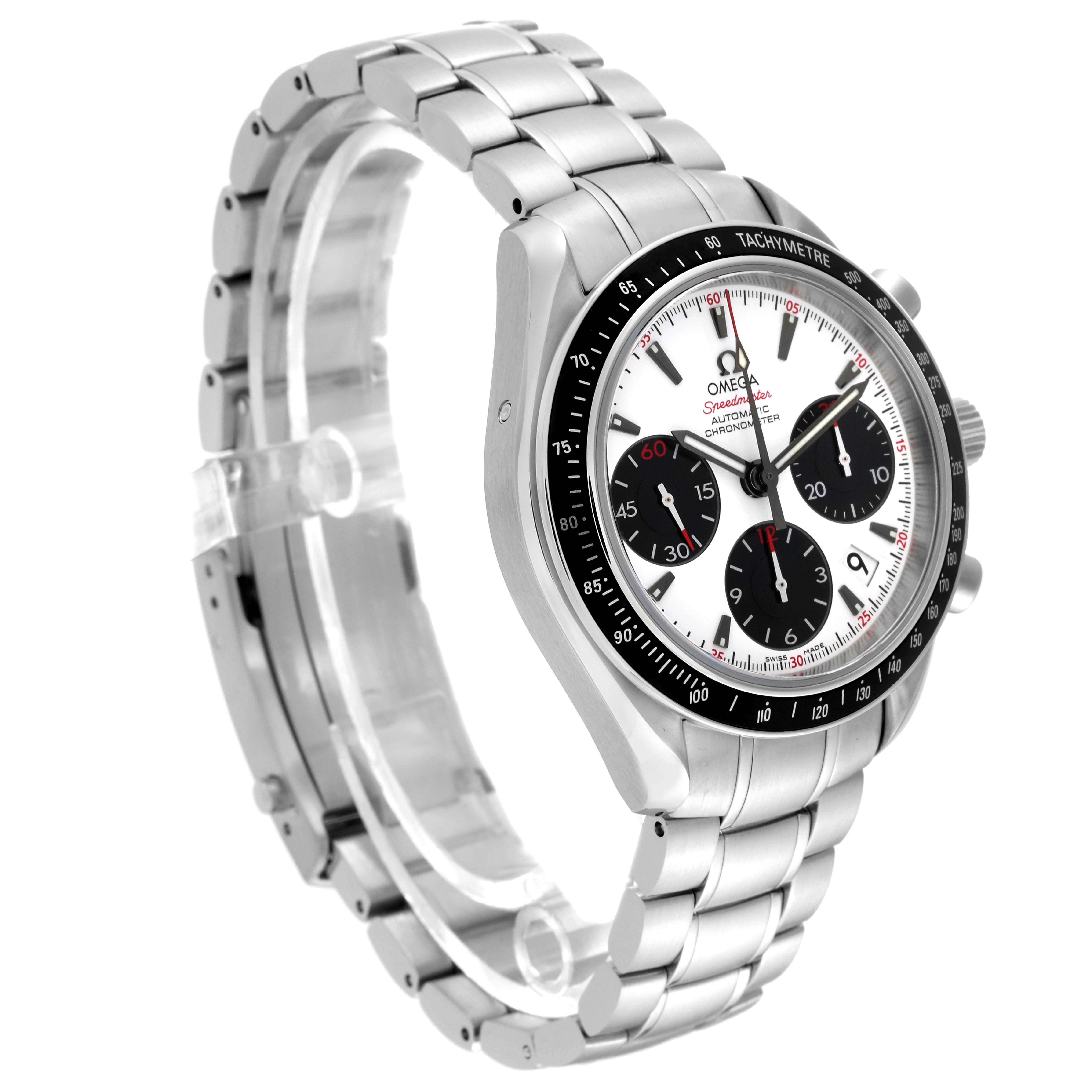 The image shows a side angle of an Omega Speedmaster 323.30.40.40.04.001 Men's Stainless Steel White Dial 323.30.40.40.04.001 Men's Stainless Steel White Dial watch, highlighting its bezel, dial, and stainless steel bracelet.