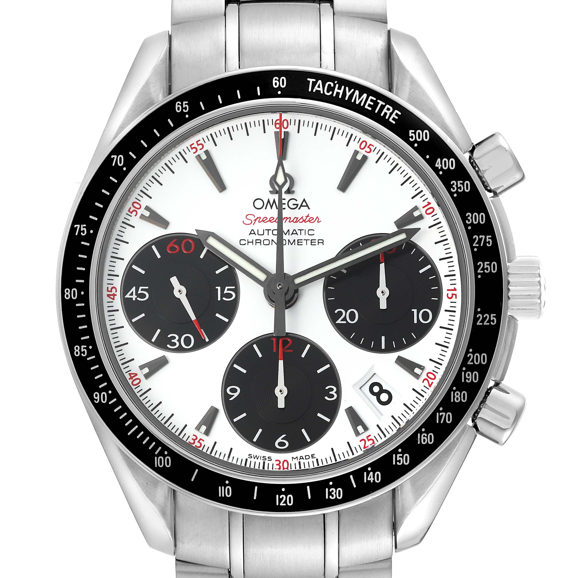The image shows a frontal view of the Omega Speedmaster 323.30.40.40.04.001 Men's Stainless Steel White Dial 323.30.40.40.04.001 Men's Stainless Steel White Dial watch, highlighting the dial, subdials, bezel, and bracelet.