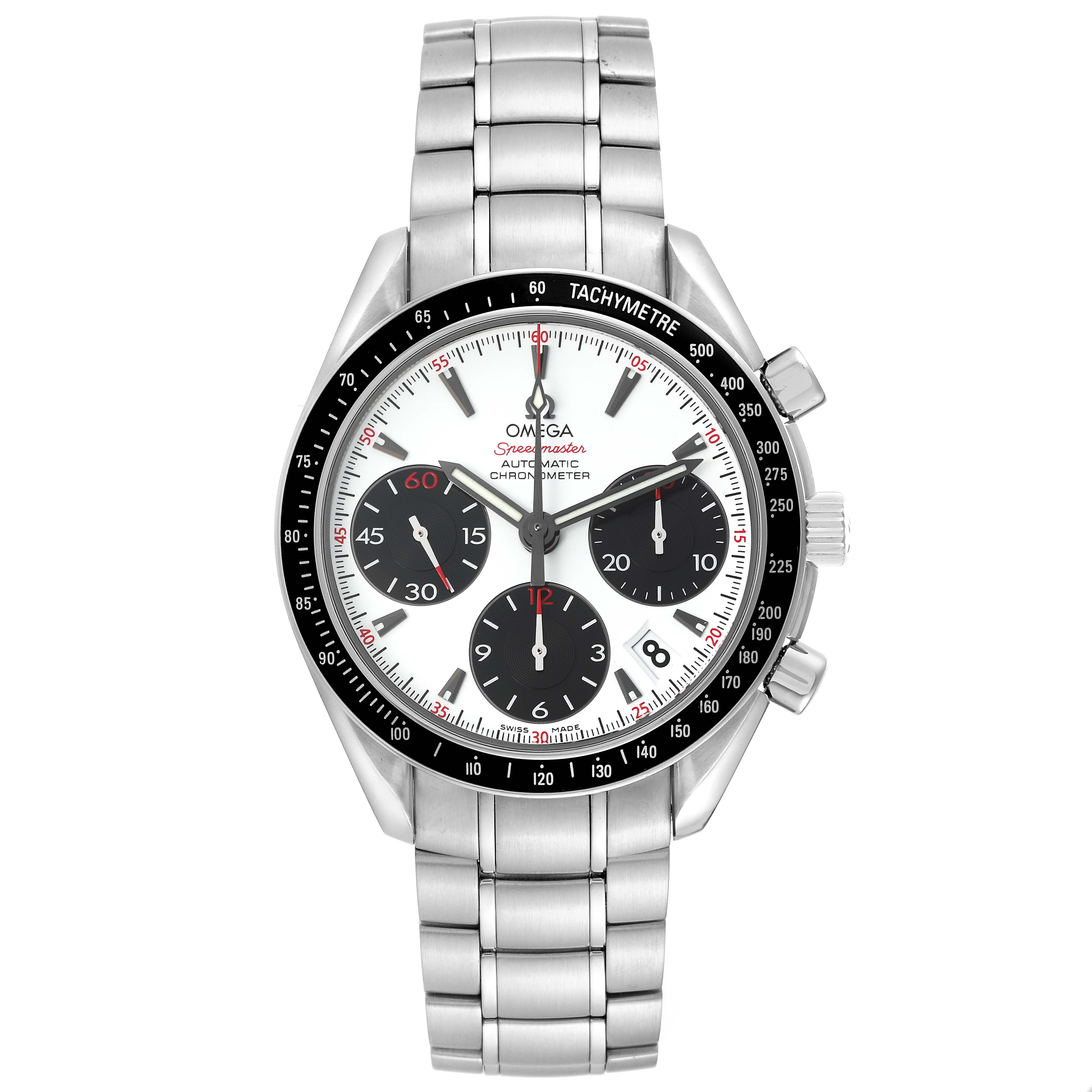 This image shows a frontal view of the Omega Speedmaster 323.30.40.40.04.001 Men's Stainless Steel White Dial 323.30.40.40.04.001 Men's Stainless Steel White Dial watch, featuring its stainless steel bracelet and chronograph dials.