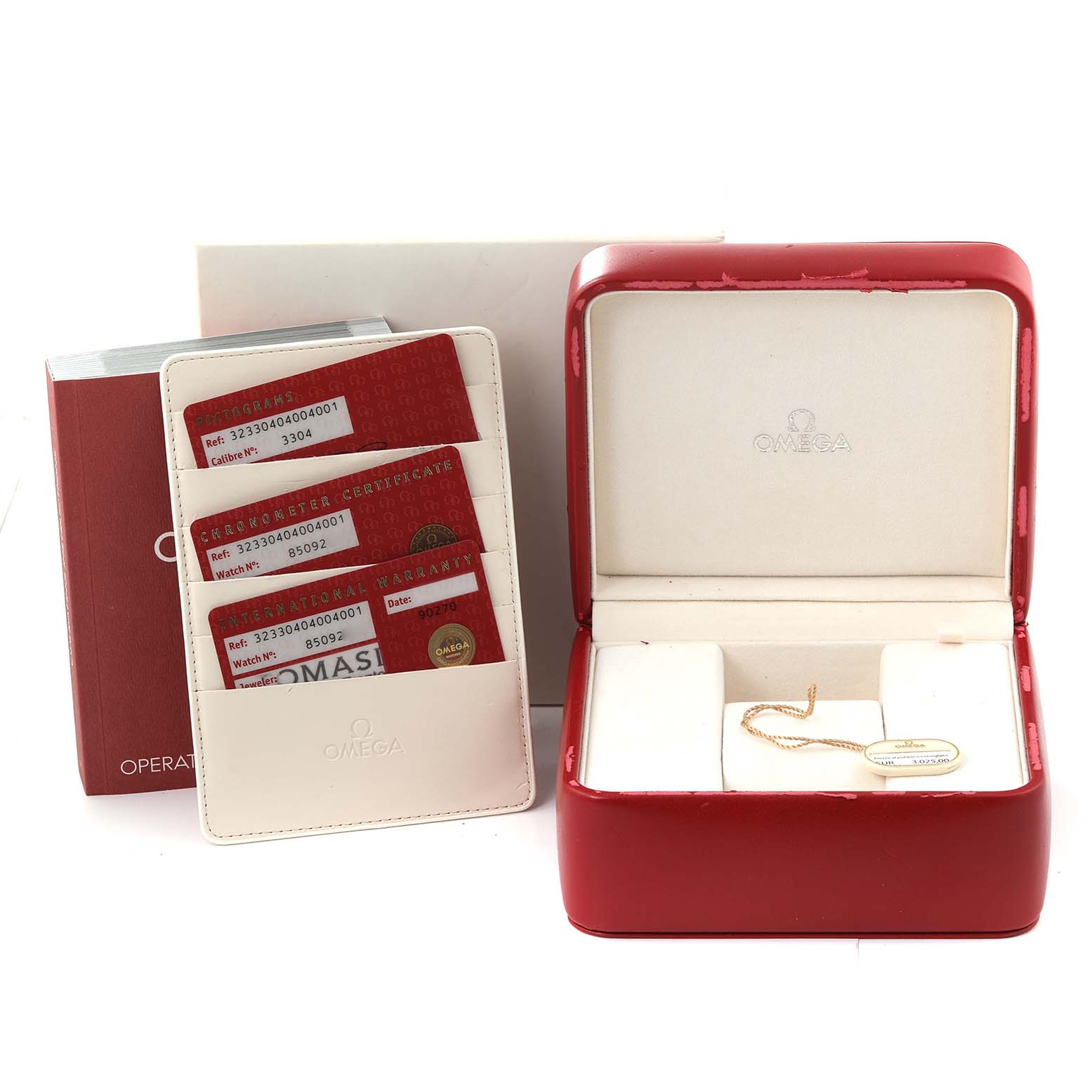 The image shows the Omega Speedmaster 323.30.40.40.04.001 Men's Stainless Steel White Dial 323.30.40.40.04.001 Men's Stainless Steel White Dial's red watch box, cards, and certificate holder from a front angle.