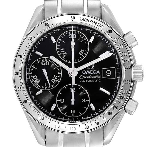 The Omega Speedmaster 3513.50.00 Mens Stainless Steel Black Dial is shown from the front, displaying its chronograph dials, tachymeter bezel, and pushers.