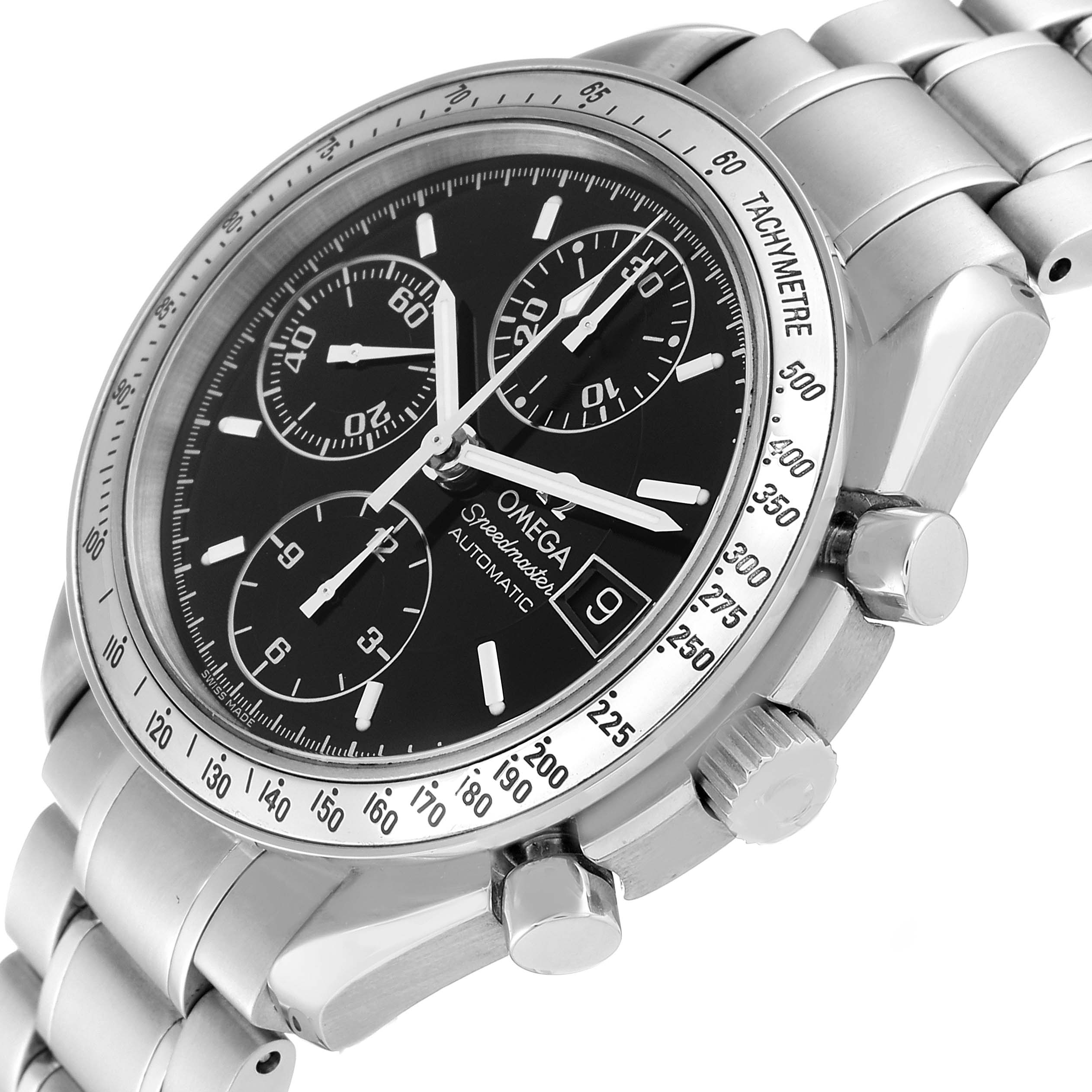 The Omega Speedmaster 3513.50.00 Men's Stainless Steel Black Dial watch is shown at an angle displaying the bezel, dial, subdials, crown, and bracelet.