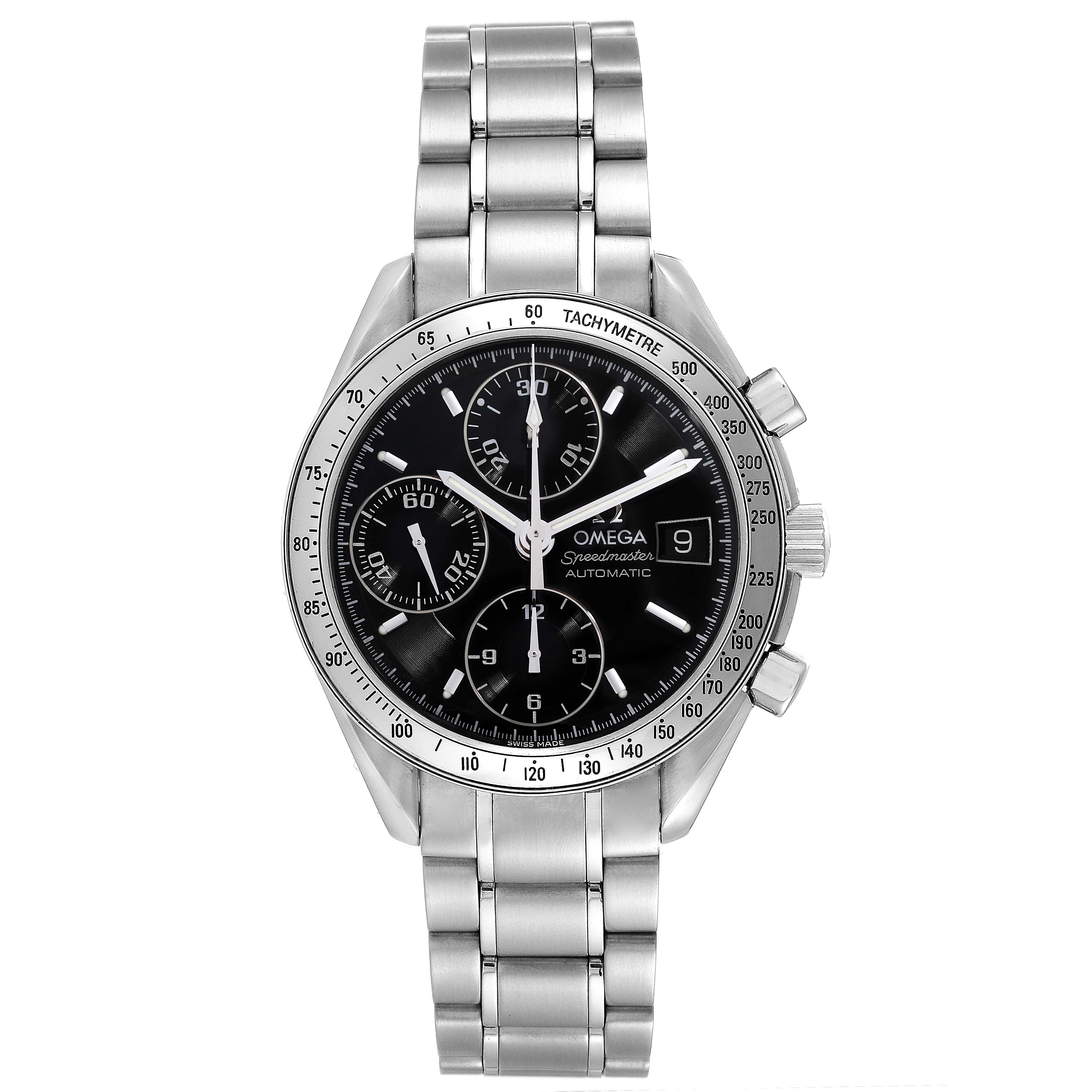 The Omega Speedmaster 3513.50.00 Men's Stainless Steel Black Dial watch is shown from the front, displaying the dial, tachymeter, and stainless steel bracelet.