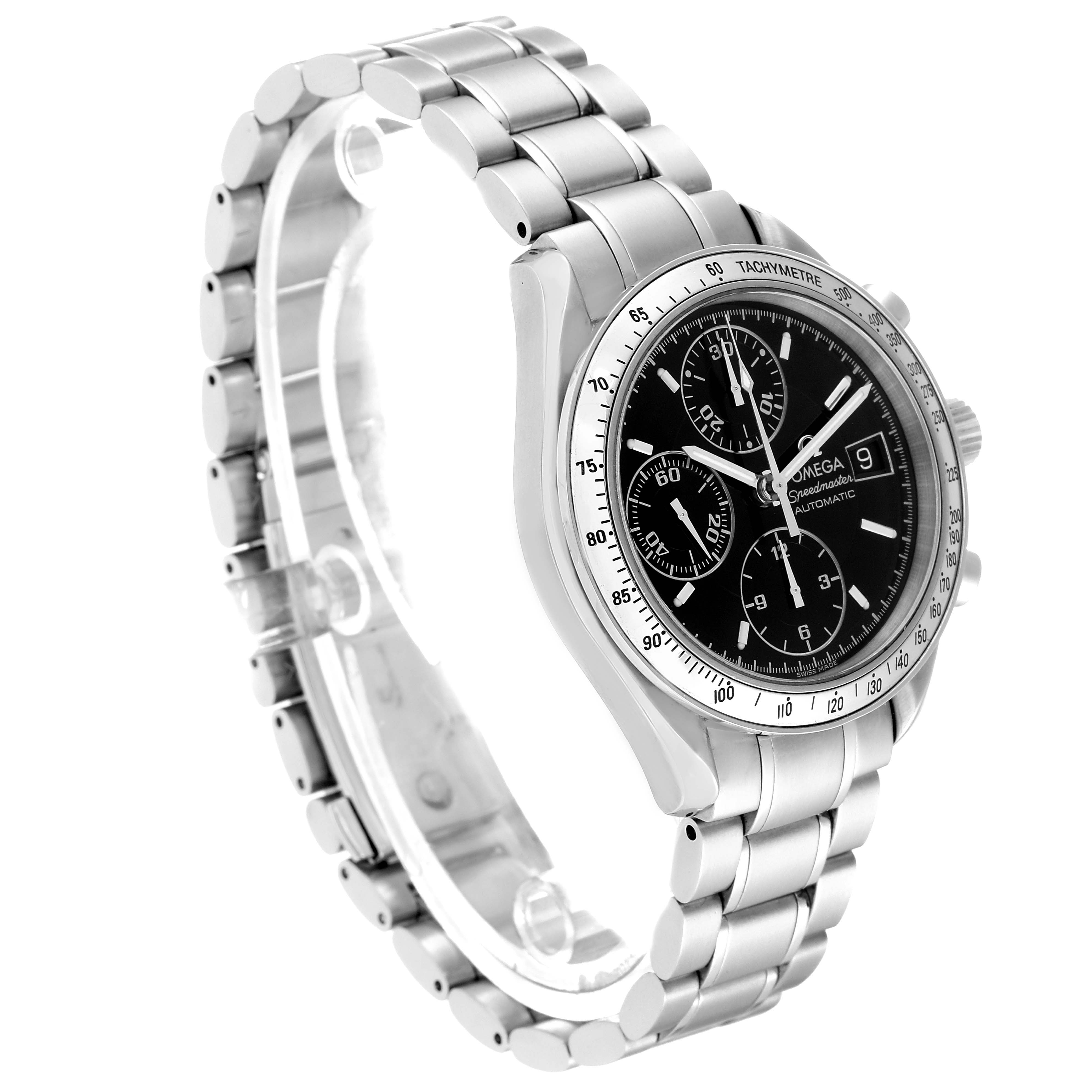 The Omega Speedmaster 3513.50.00 Men's Stainless Steel Black Dial watch is shown at a slight angled side view, highlighting its face, bezel, and metal bracelet.