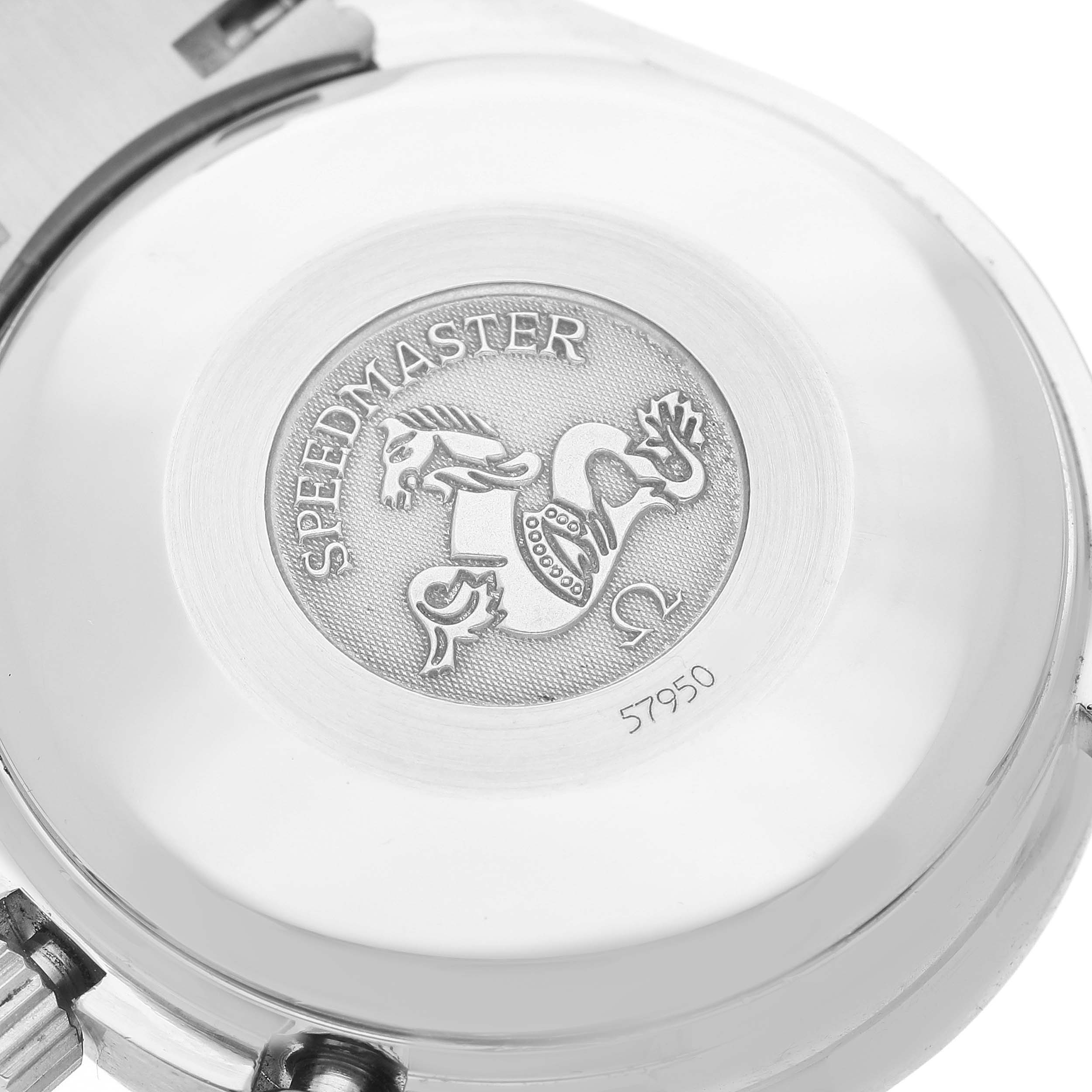 The image shows the back casing of an Omega Speedmaster 3513.50.00 Men's Stainless Steel Black Dial, featuring the engraved logo and model details.