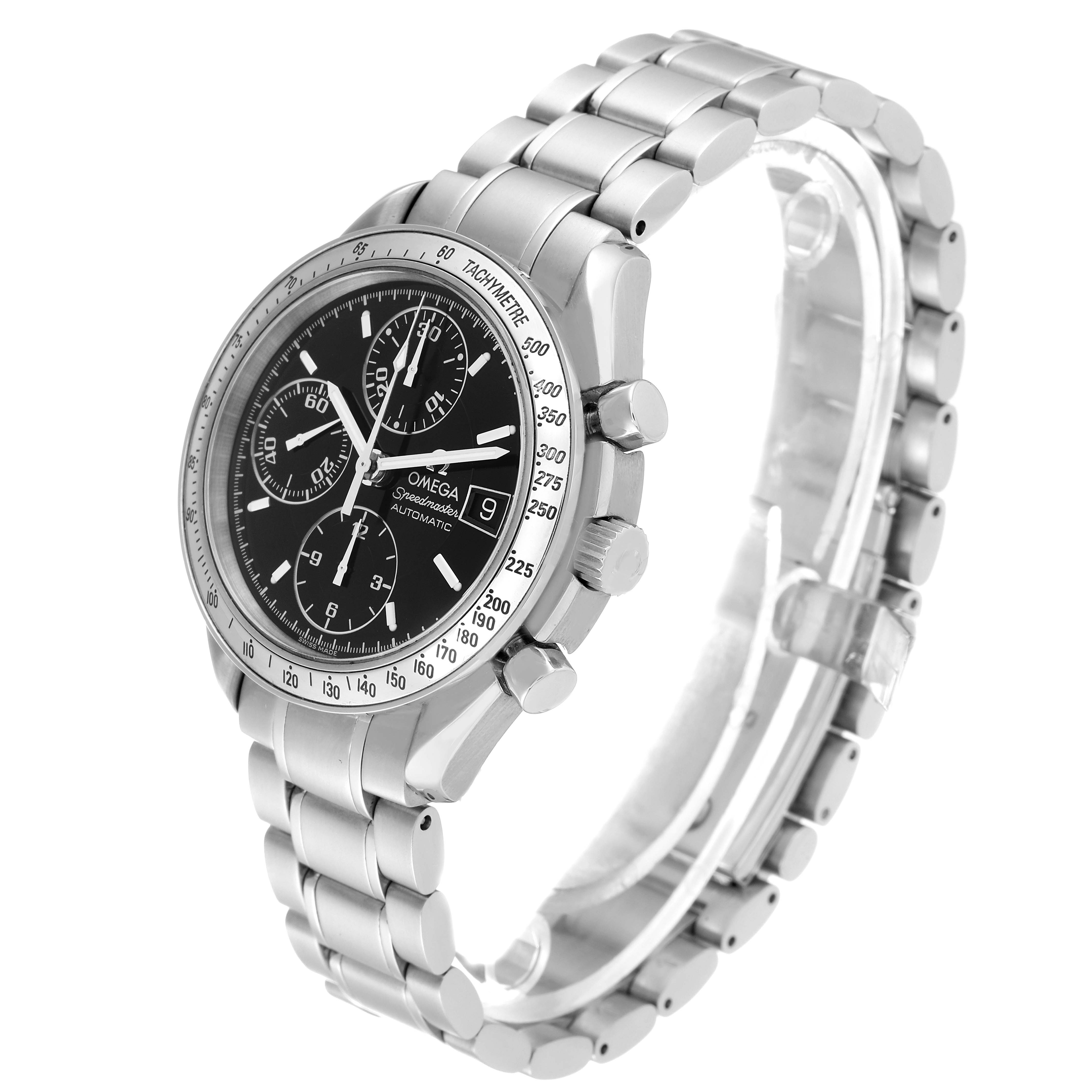 The Omega Speedmaster 3513.50.00 Men's Stainless Steel Black Dial watch is shown at a three-quarter angle, highlighting the face, bezel, crown, pushers, and bracelet.