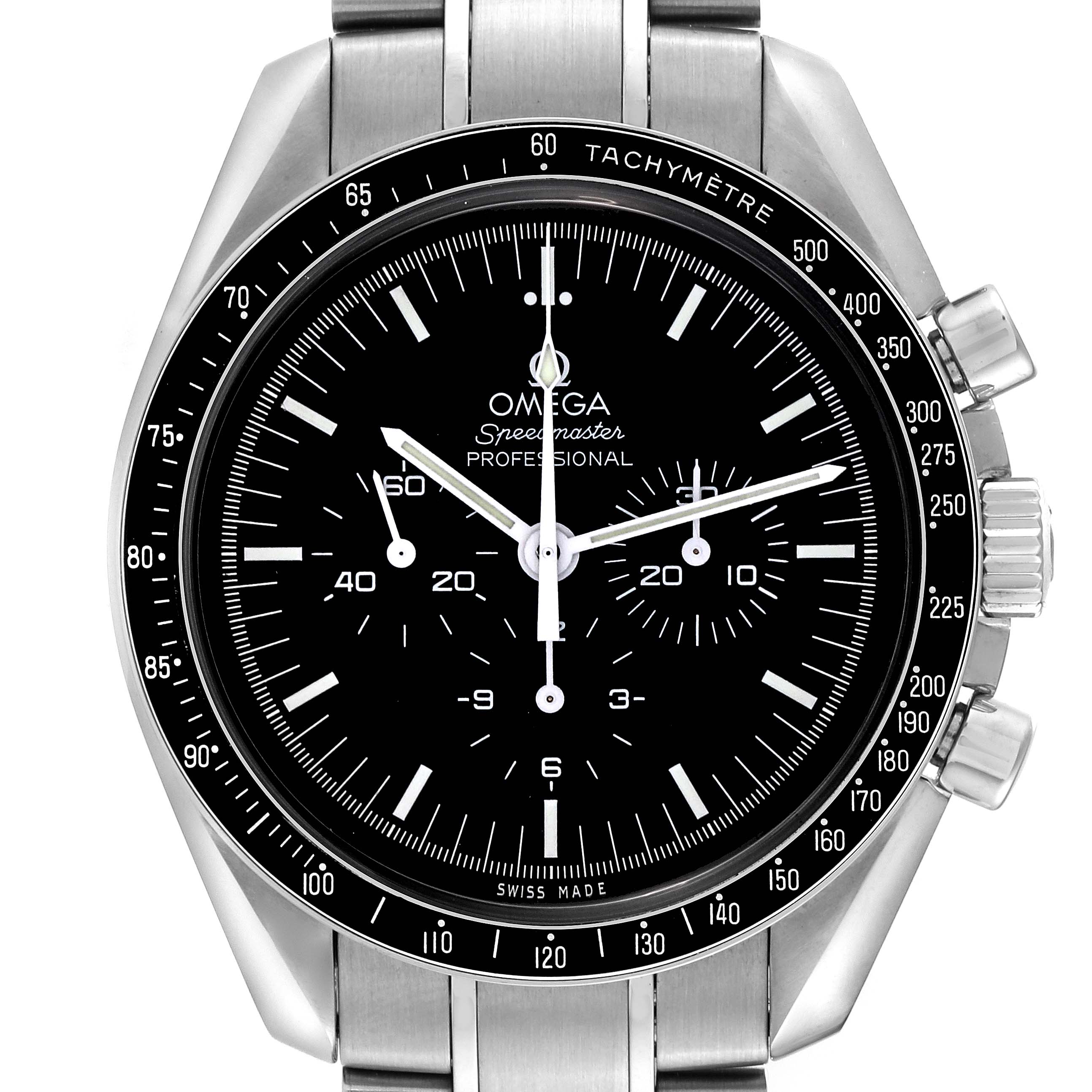 The image shows a front view of the Omega Speedmaster 311.30.42.30.01.005 Men
s Stainless Steel Black Dial 311.30.42.30.01.005 Men
s Stainless Steel Black Dial watch, highlighting the dial, chronograph subdials, bezel, and crown.
