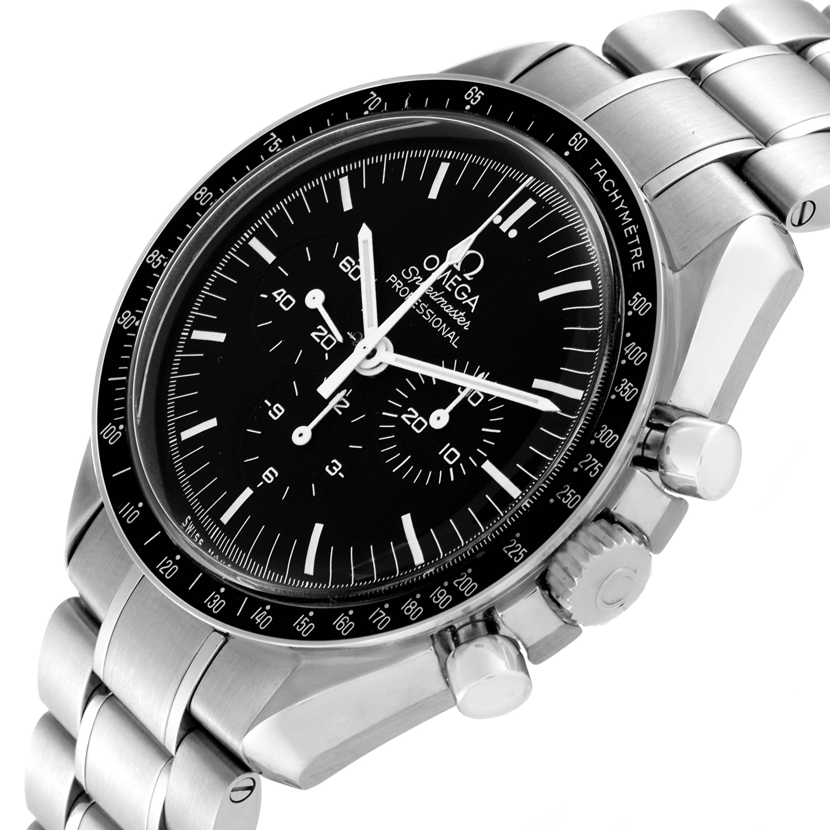 The Omega Speedmaster 311.30.42.30.01.005 Men
s Stainless Steel Black Dial 311.30.42.30.01.005 Men
s Stainless Steel Black Dial watch is shown at a tilted close-up angle, highlighting the face, bezel, crown, and part of the bracelet.