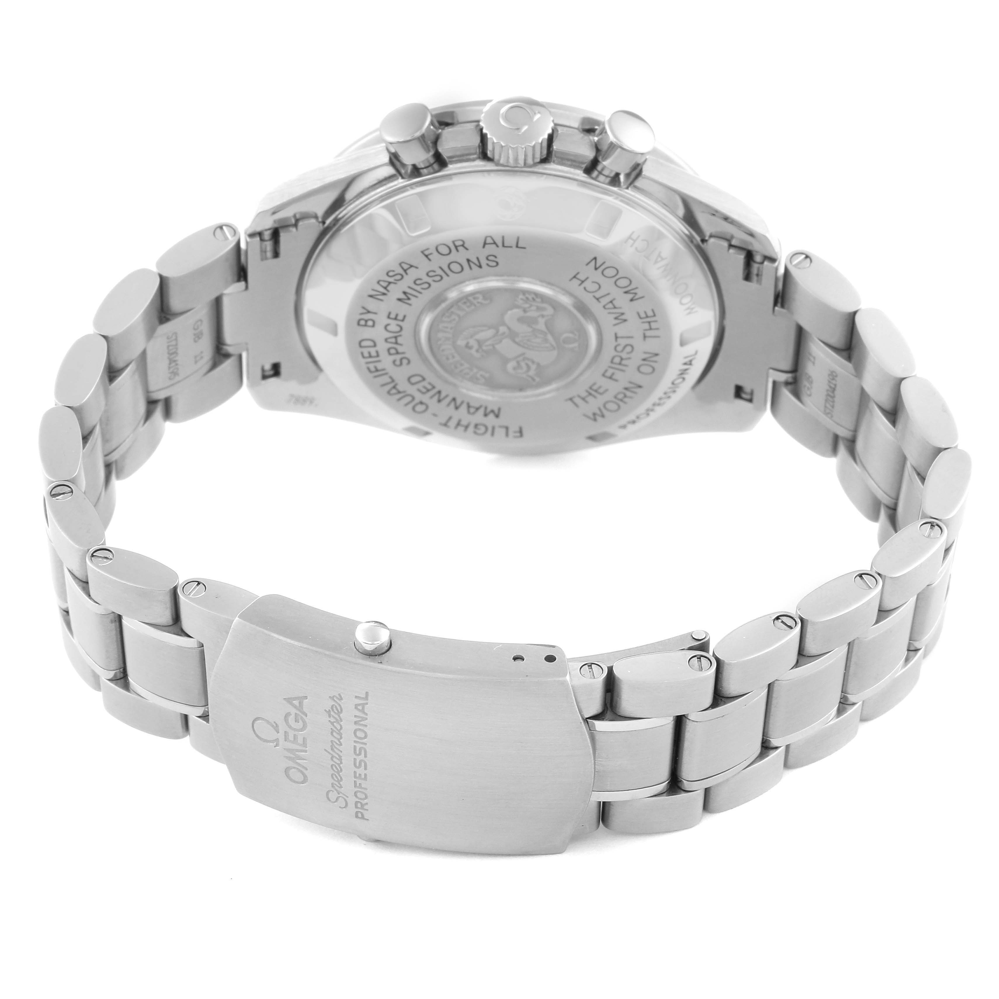 The image shows the back view of the Omega Speedmaster 311.30.42.30.01.005 Men
s Stainless Steel Black Dial 311.30.42.30.01.005 Men
s Stainless Steel Black Dial watch, focusing on the case back and metal bracelet clasp.