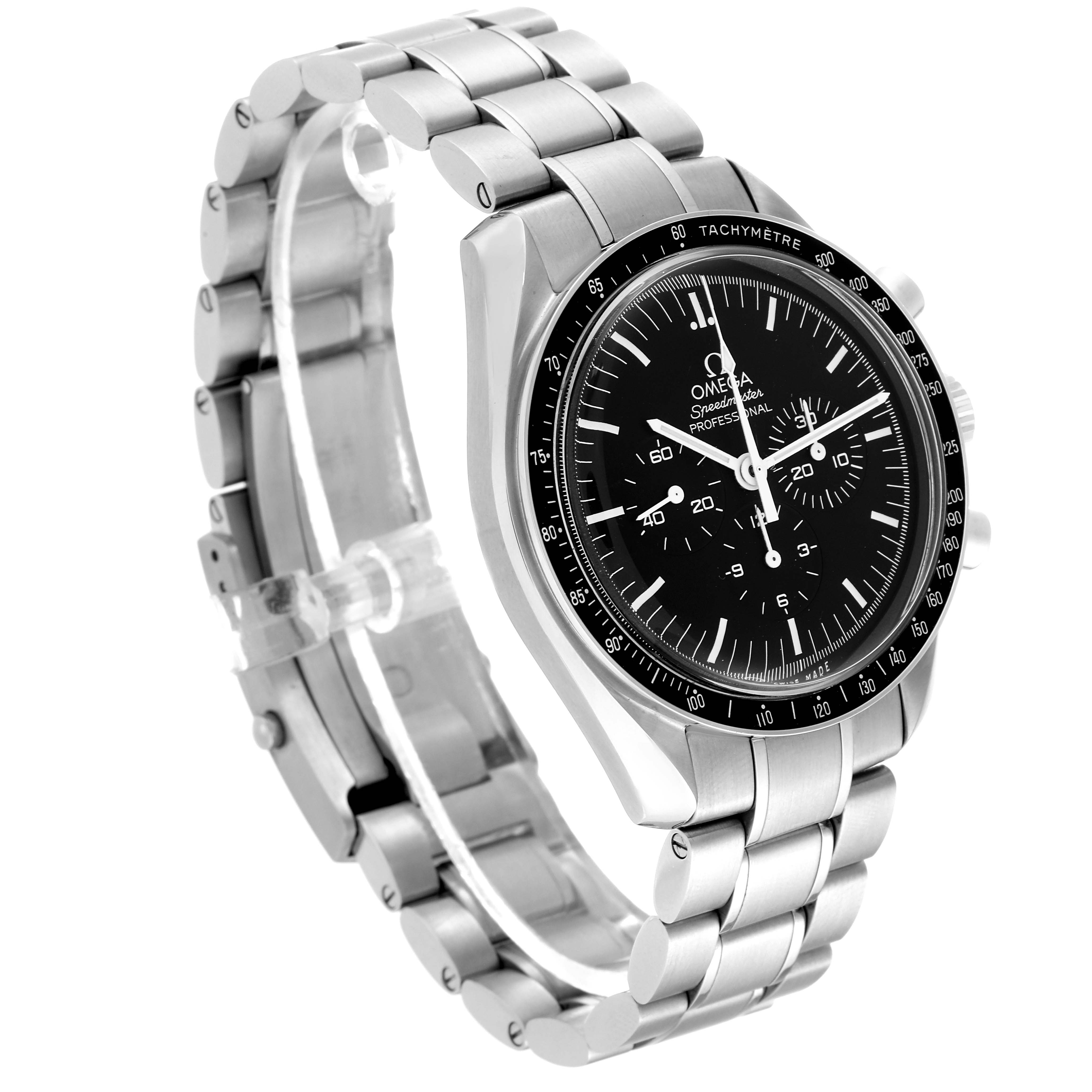 The image shows a left-side angle of the Omega Speedmaster 311.30.42.30.01.005 Men
s Stainless Steel Black Dial 311.30.42.30.01.005 Men
s Stainless Steel Black Dial watch, highlighting its face, bezel, and stainless steel bracelet.